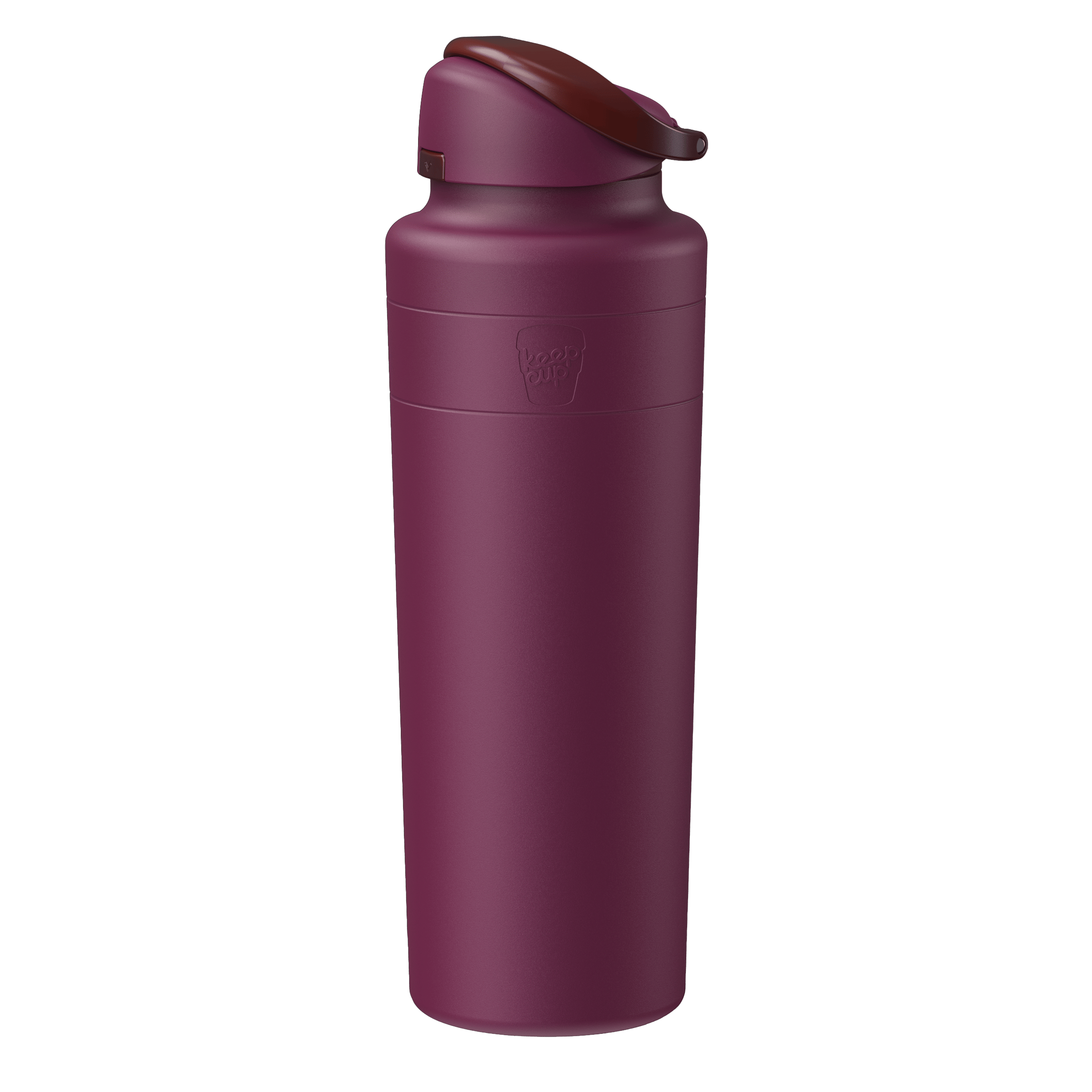KeepCup Ora Bottle 32oz in Mulberry, a deep plum-colored insulated stainless steel water bottle with flip-top lid, shown at a slight angle against a white background.