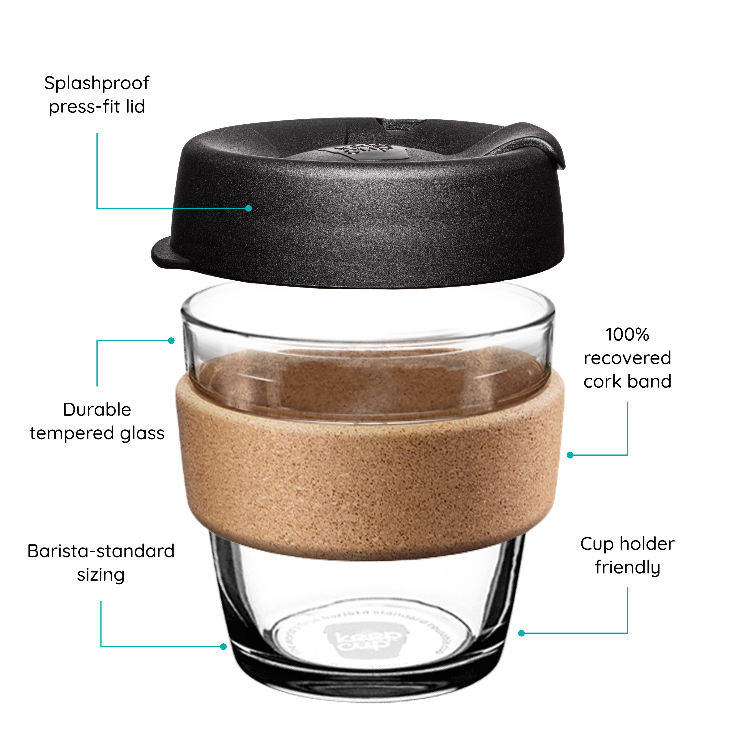 KeepCup glass coffee cup with cork band and black lid, featuring text on a white background.