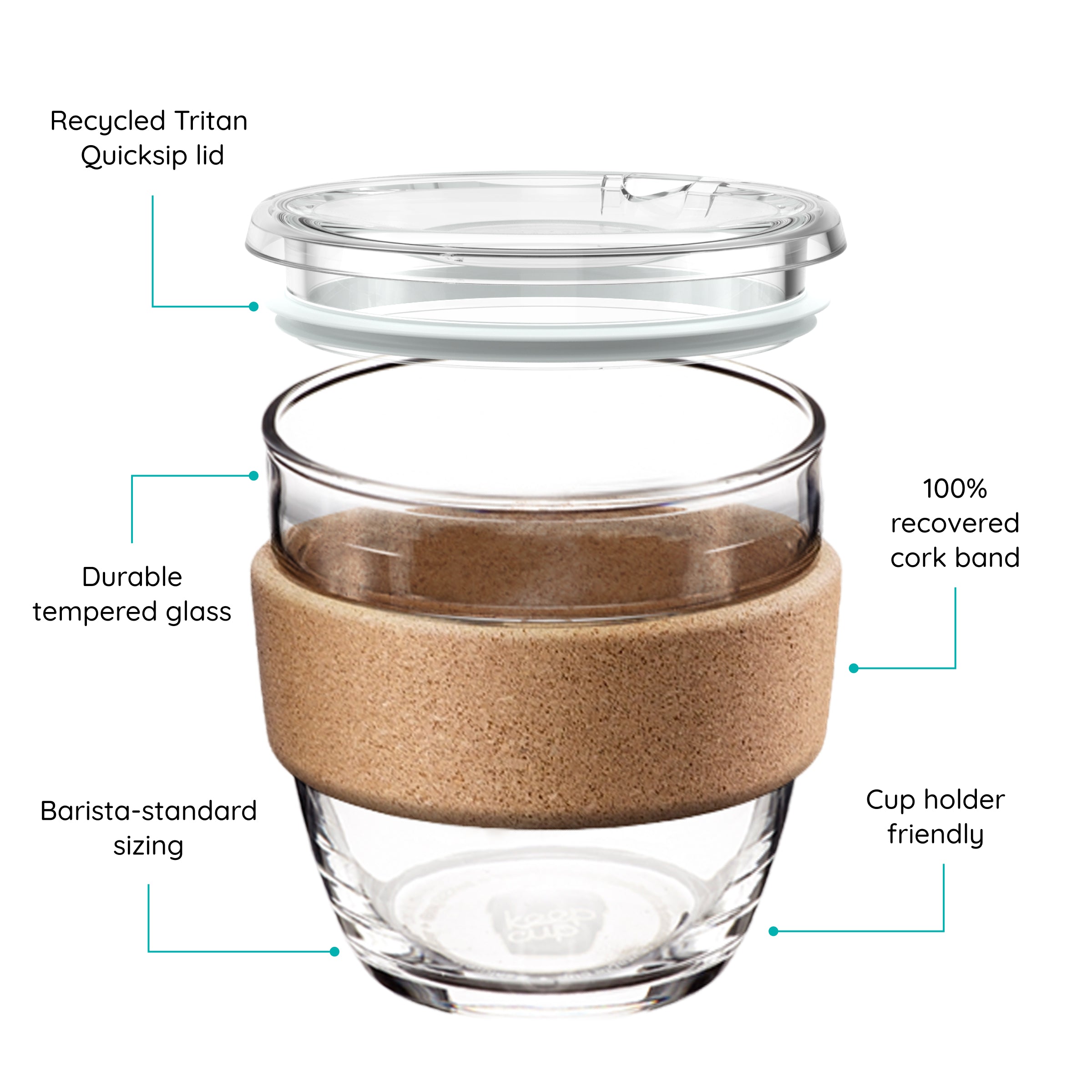 KeepCup glass coffee cup with cork band and lid, featuring text on a white background.