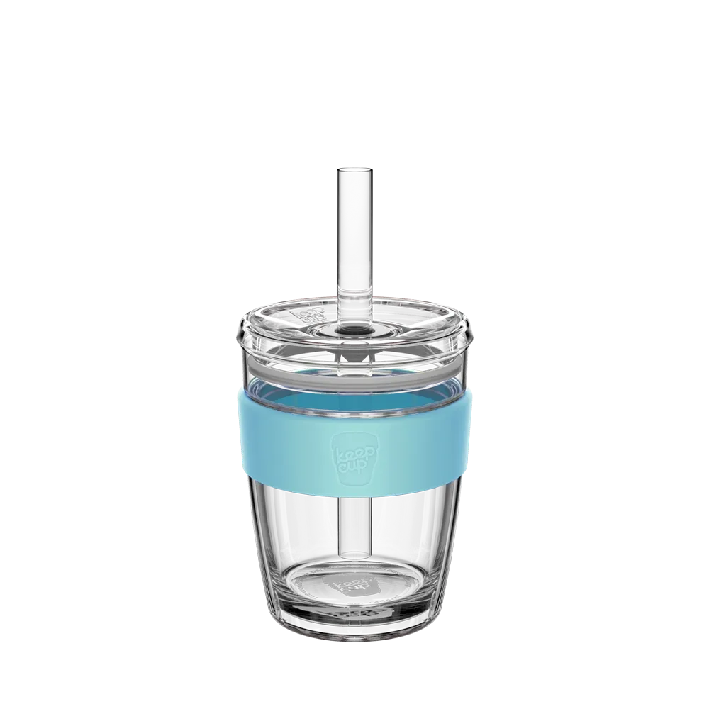 KeepCup Cold Cup Longplay Boba M 12oz in Cloud, featuring a clear double-walled glass cup with light blue silicone band, transparent lid and reusable straw, shown against a white background.