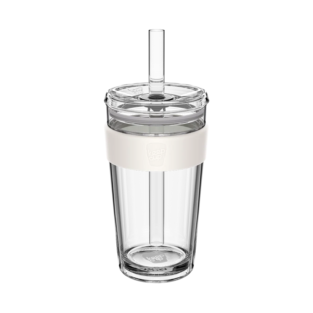 KeepCup Cold Cup Longplay Boba L 16oz in Chalk, shown from a front angle against a white background, featuring a clear double-walled cup with a chalk band, transparent lid, and reusable straw.