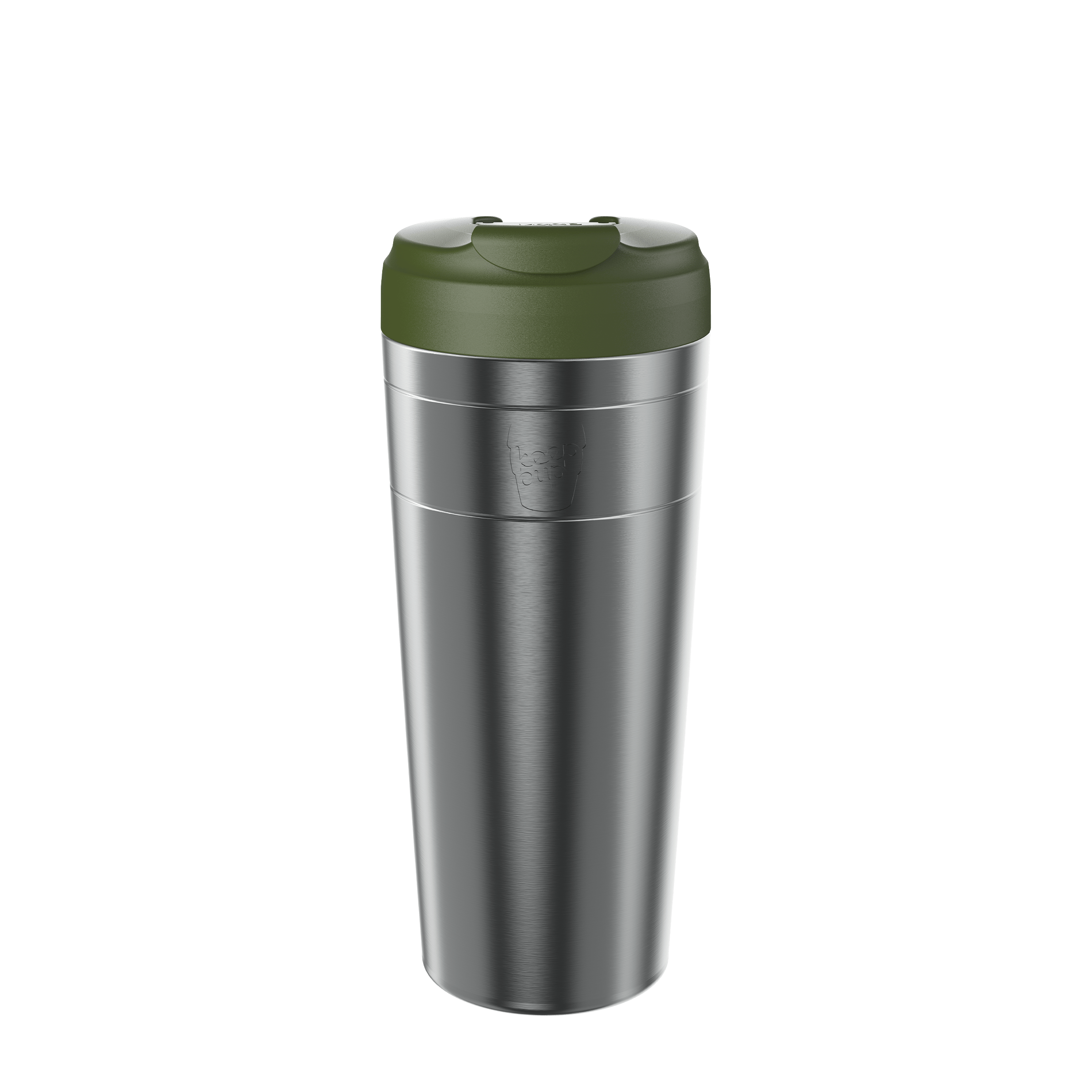 Stainless steel travel mug with olive green lid and flip-top spout, insulated double-wall construction