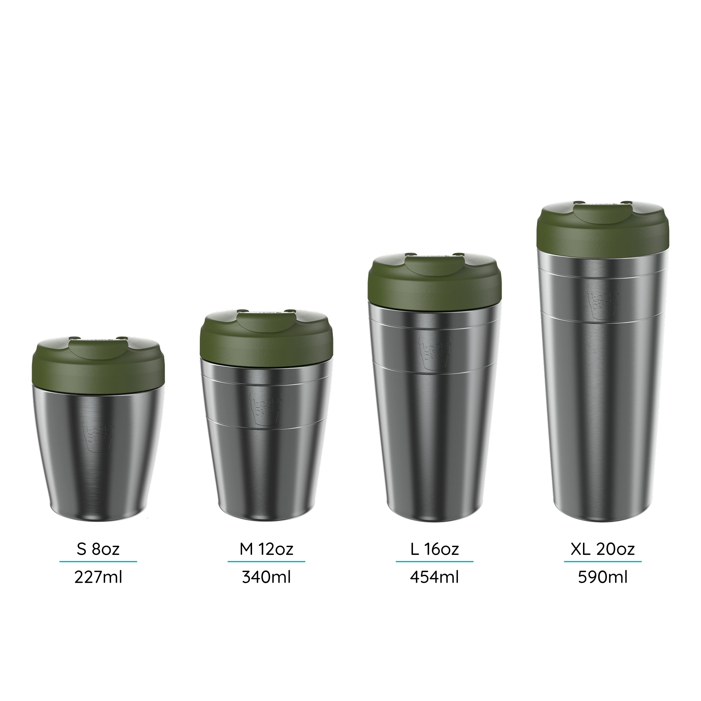 Set of four Commuter Cups labeled with its sizes S 8oz, M 12oz, L 16oz and XL 20oz