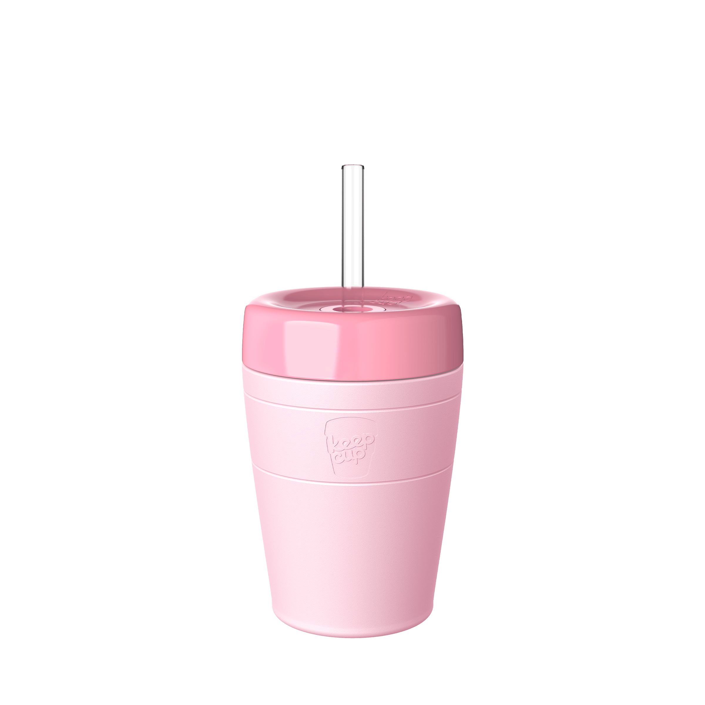 KeepCup Commuter Cold Cup M 12oz in Pashmak Pink, shown in a front-facing product shot featuring the pashmak pink cup, matching peony lid, and clear straw against a white background.