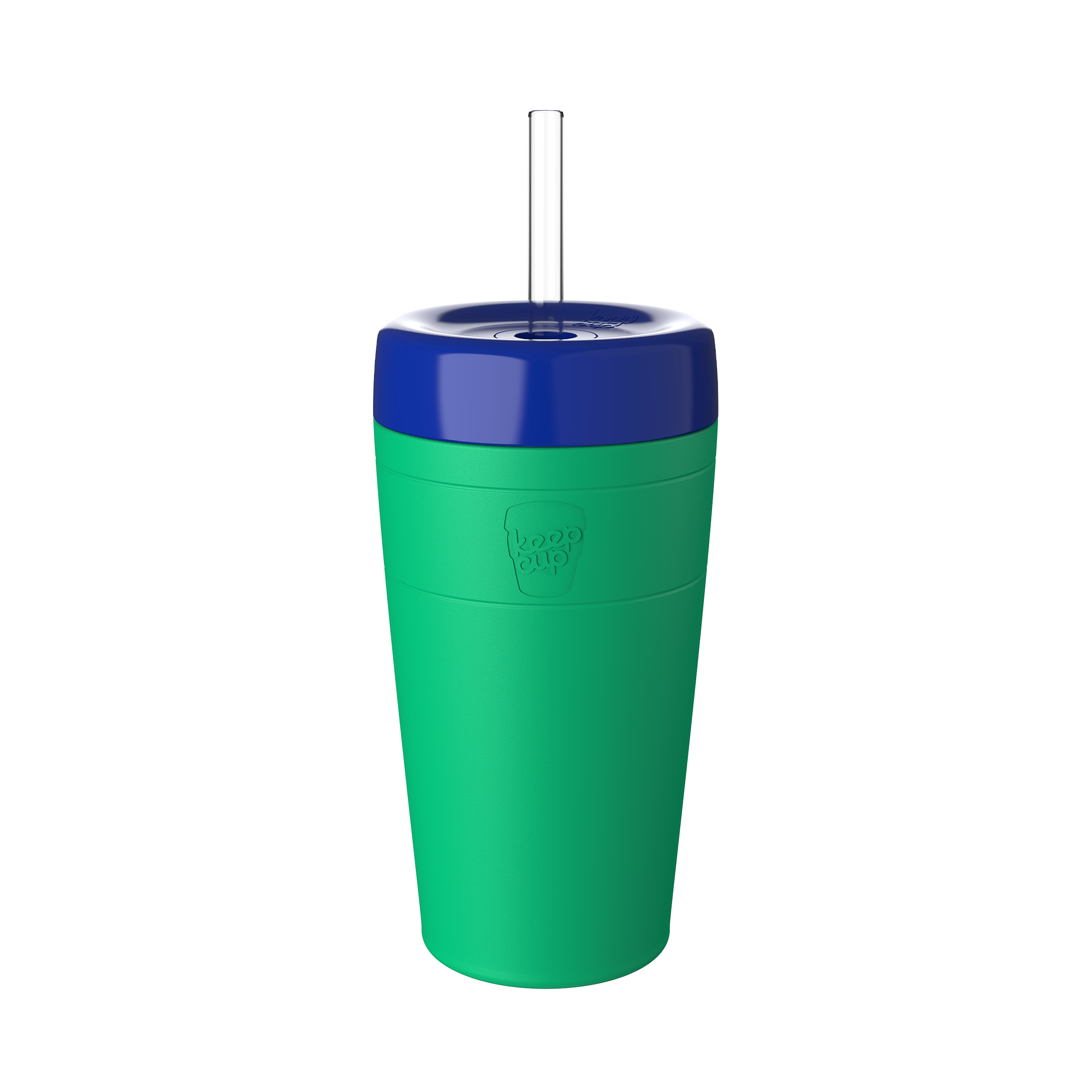 KeepCup Commuter Cold Cup L 16oz in Emerald Electric Blue, shown in a studio product shot featuring a emerald cup with electric blue lid and clear straw.