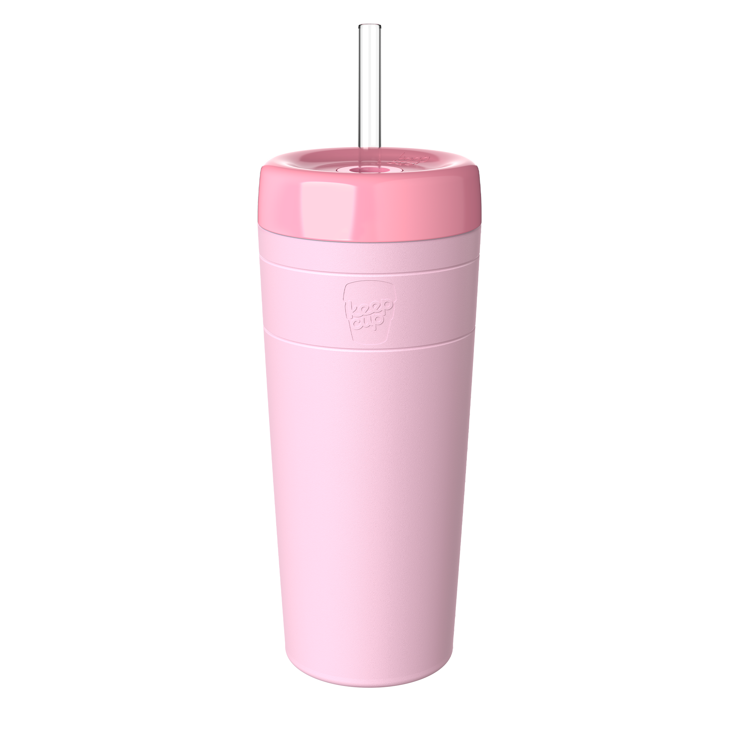 KeepCup Commuter Cold Cup XL 20oz in Pashmak Pink, shown at a slight angle against a white background, featuring a pashmak insulated cup with embossed logo and peony lid, and clear reusable straw.