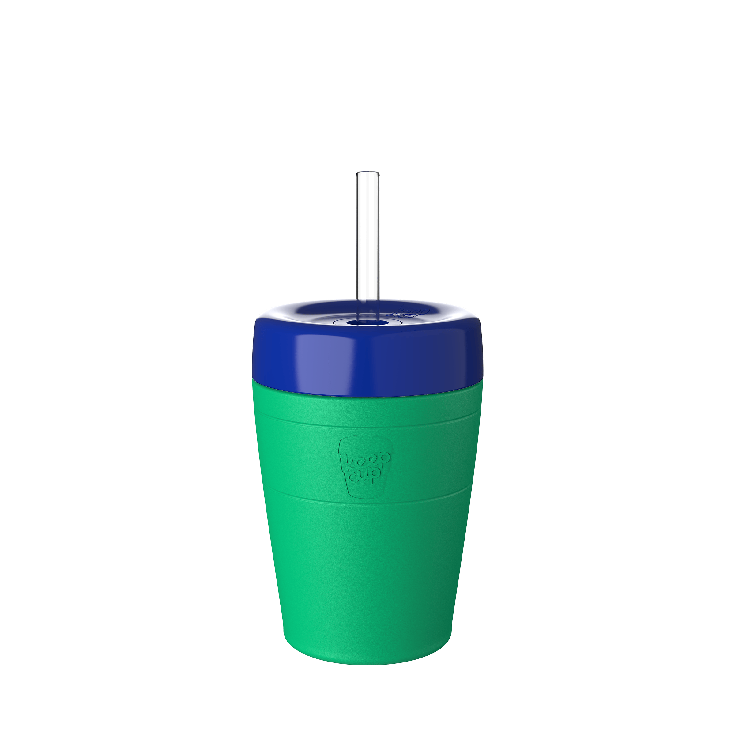 KeepCup Commuter Cold Cup M 12oz in Emerald Electric Blue, featuring a Emerald cup with Electric Blue lid and clear reusable straw, shown from a front angle against a white background.
