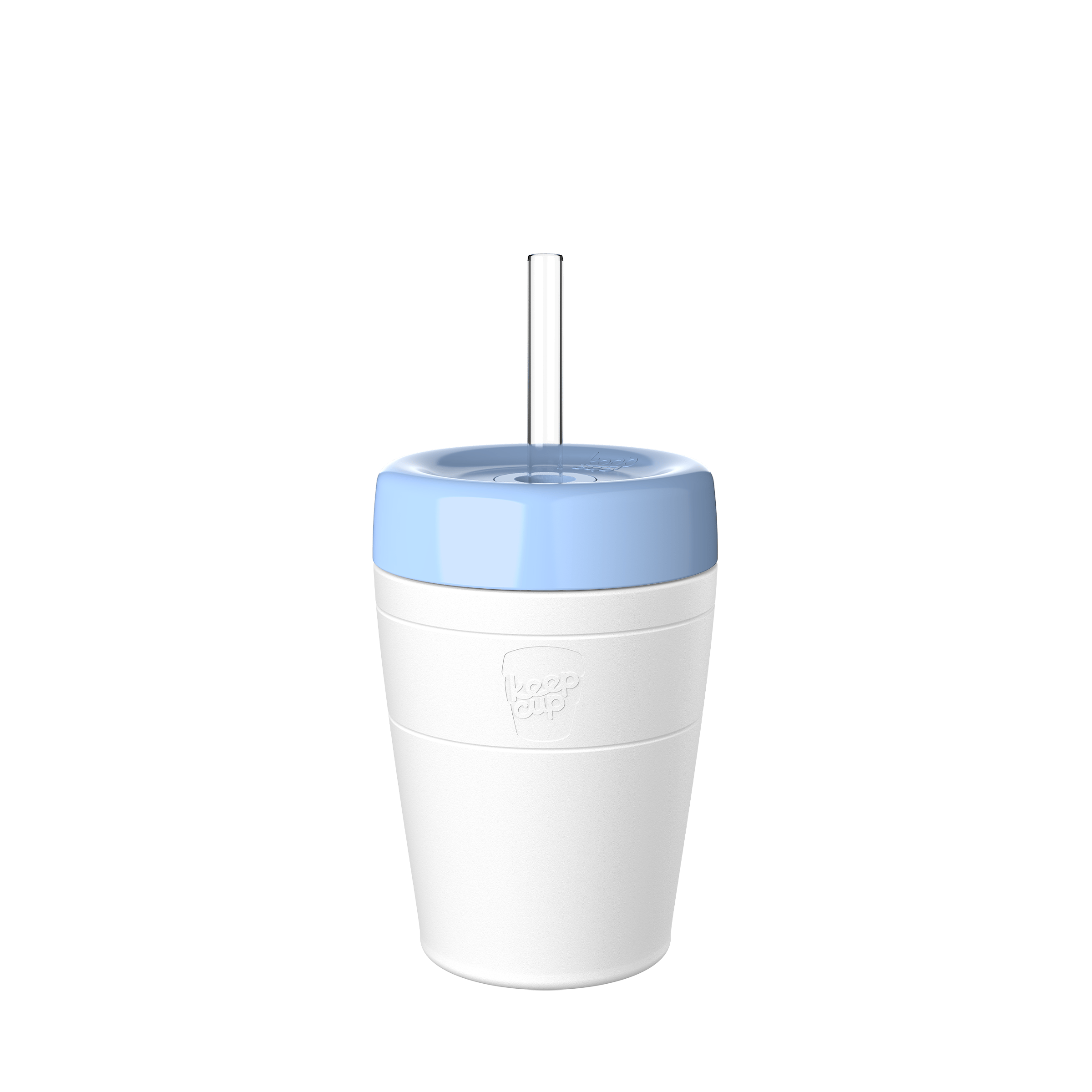 KeepCup Commuter Cold Cup M 12oz in White Orchid, featuring a white cup with orchid lid with straw, shown from a front angle against a plain white background.