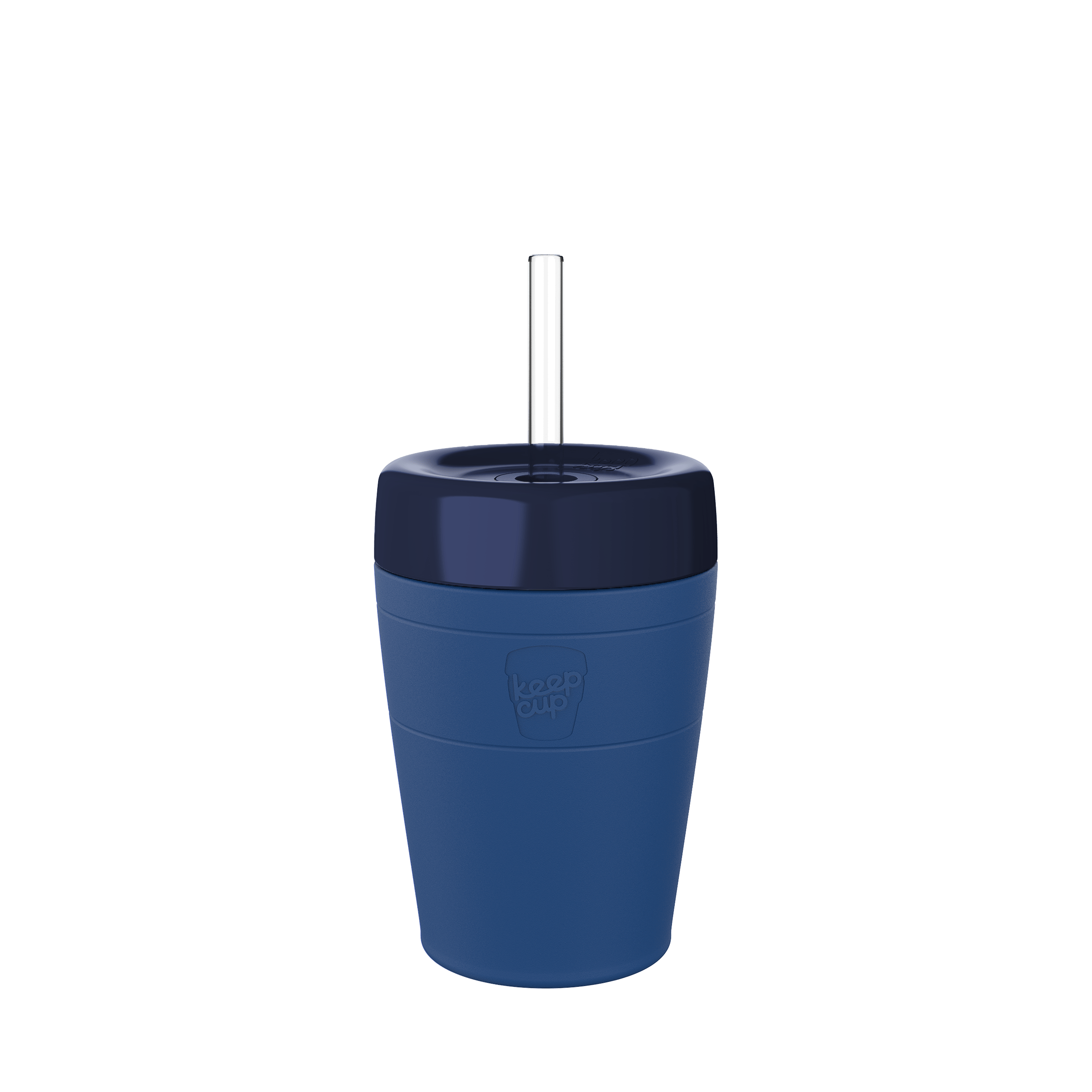 KeepCup Commuter Cold Cup M 12oz in Cobalt Ink, shown from a front angle against a white background, featuring a navy lid with clear straw and a colbat cup with embossed KeepCup logo.