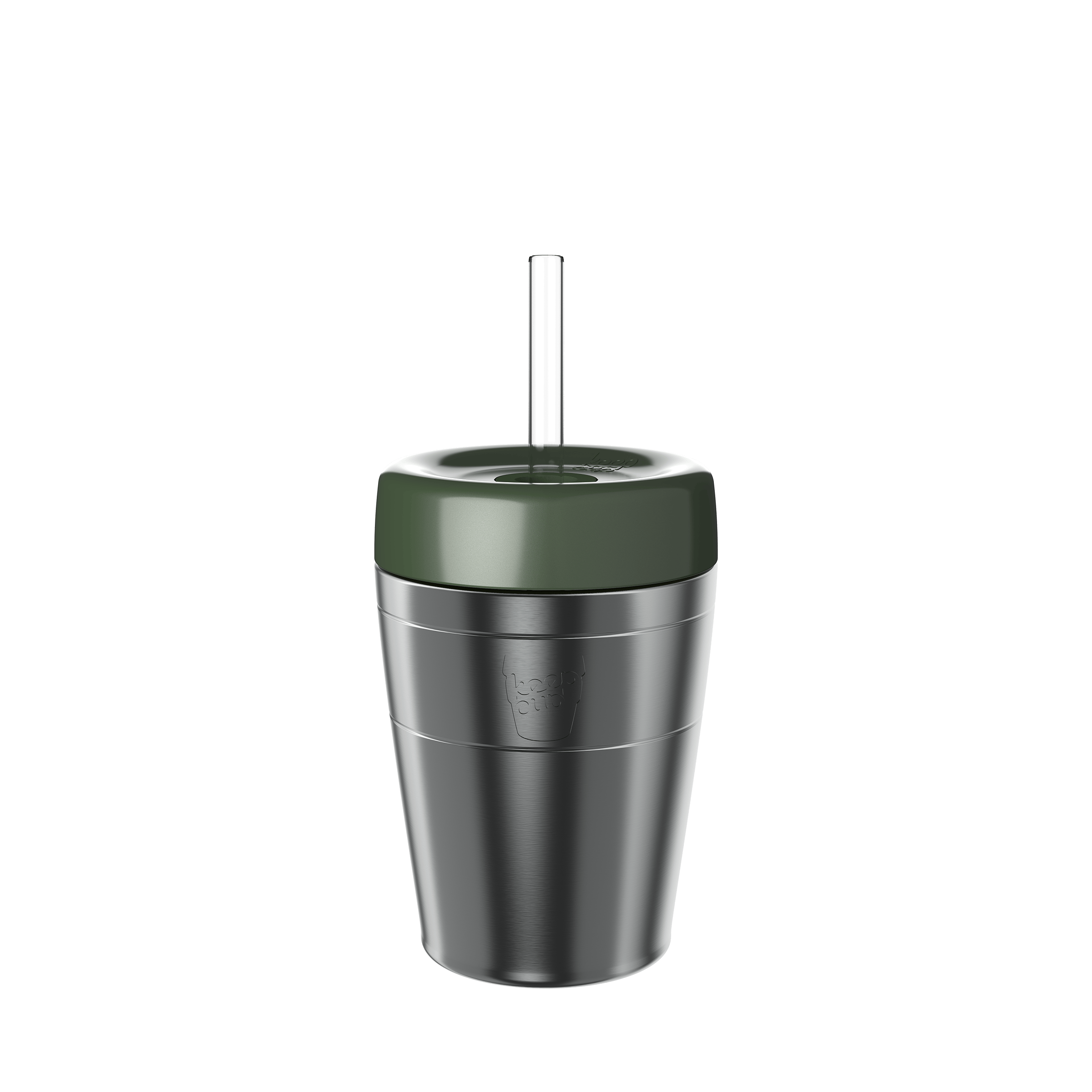 KeepCup Commuter Cold Cup M 12oz in Pine, featuring a stainless steel body with pine lid and clear straw, shown from a front angle against a white background.