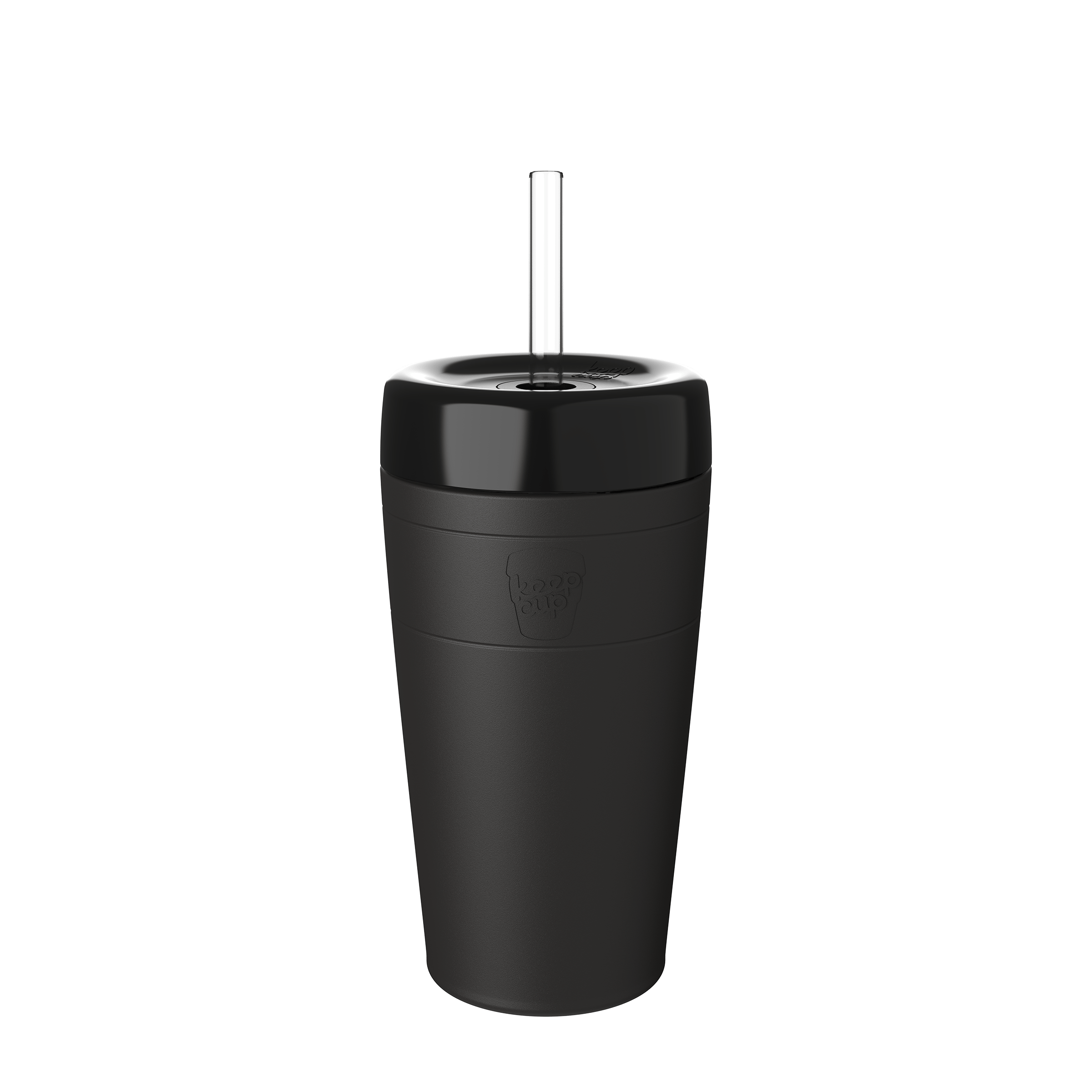 KeepCup Commuter Cold Cup L 16oz in Black, shown in a front-facing product shot against a white background, featuring a black cup with embossed logo, black lid, and clear straw.