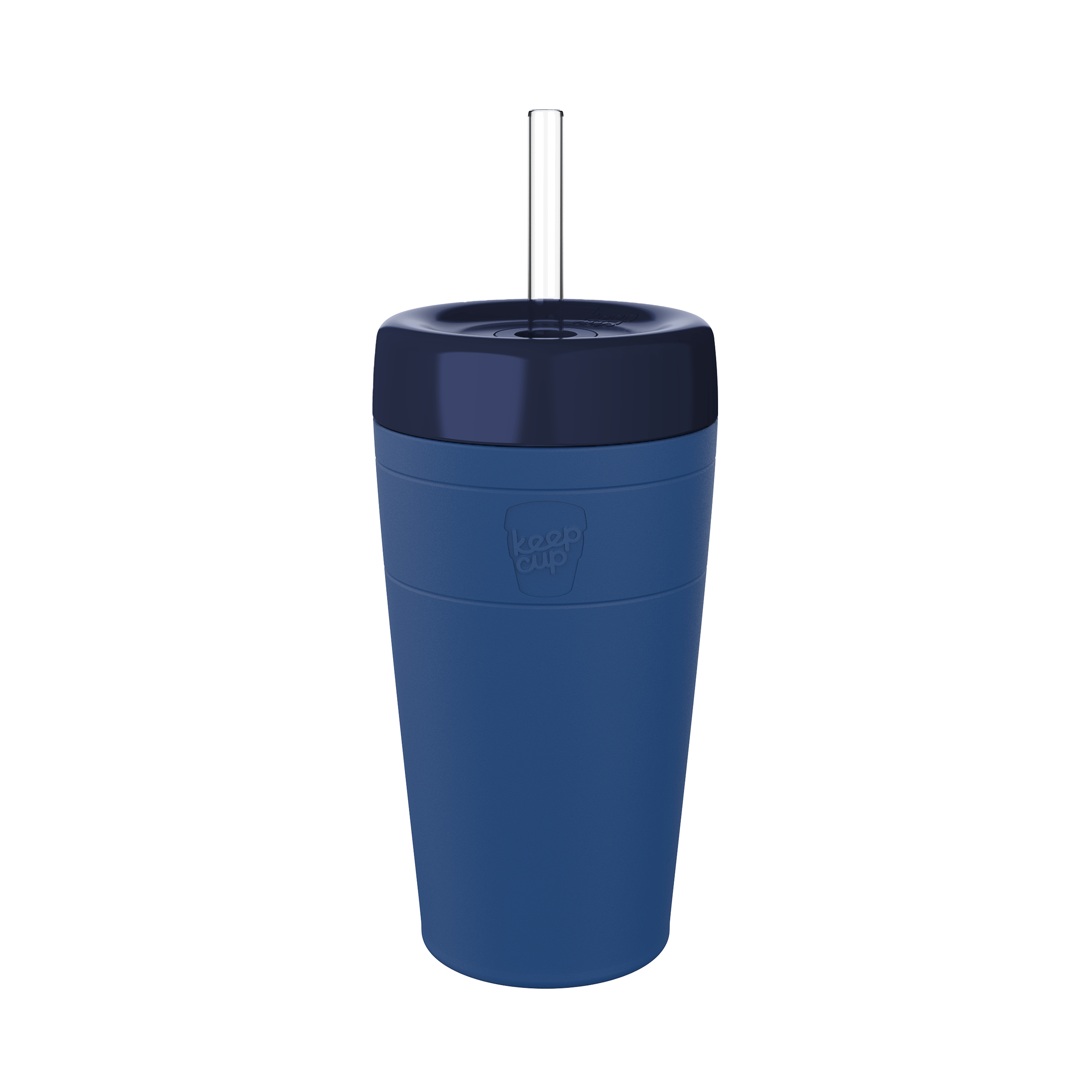 KeepCup Commuter Cold Cup L 16oz in Cobalt Ink, featuring a colalt cup body with navy lid and clear straw, shown from a front three-quarter angle against a white background.