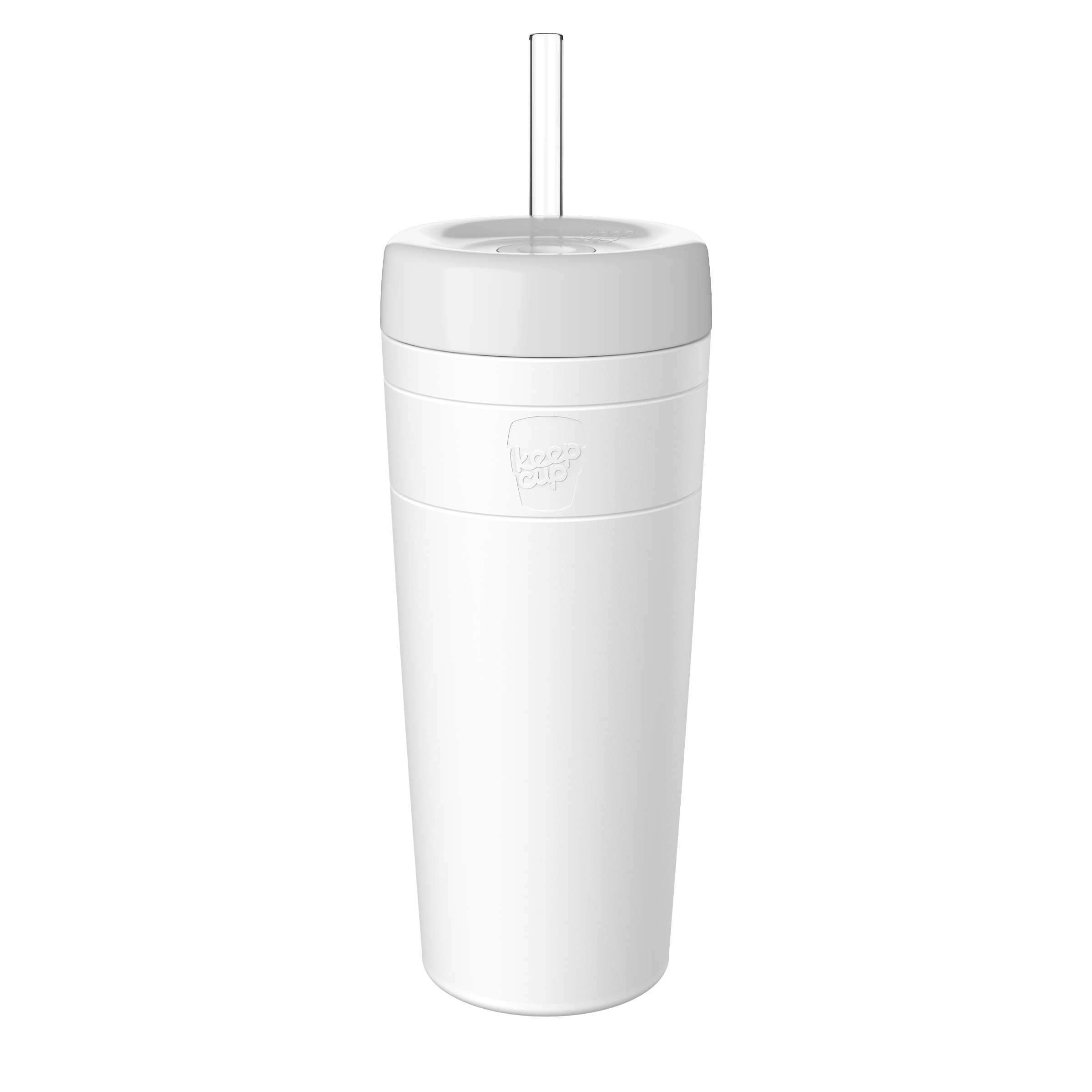 KeepCup Commuter Cold Cup XL 20oz in Bone, shown in a straight-on product shot against a white background, featuring an white cup with matching lid and clear straw.