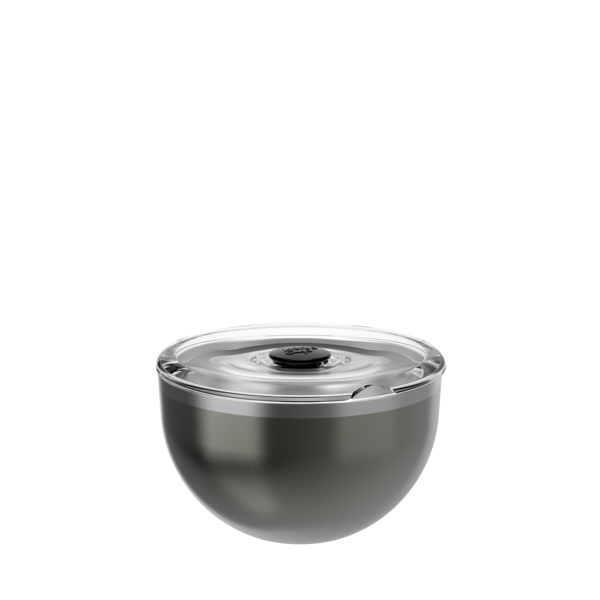 KeepCup Go Bowl Luxe in Nitro, a dark metallic nitro bowl with a clear flat lid featuring a central vent, shown from a front angle against a white background.