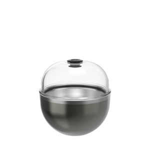 Black metal serving bowl with clear glass dome lid and black knob handle on white background