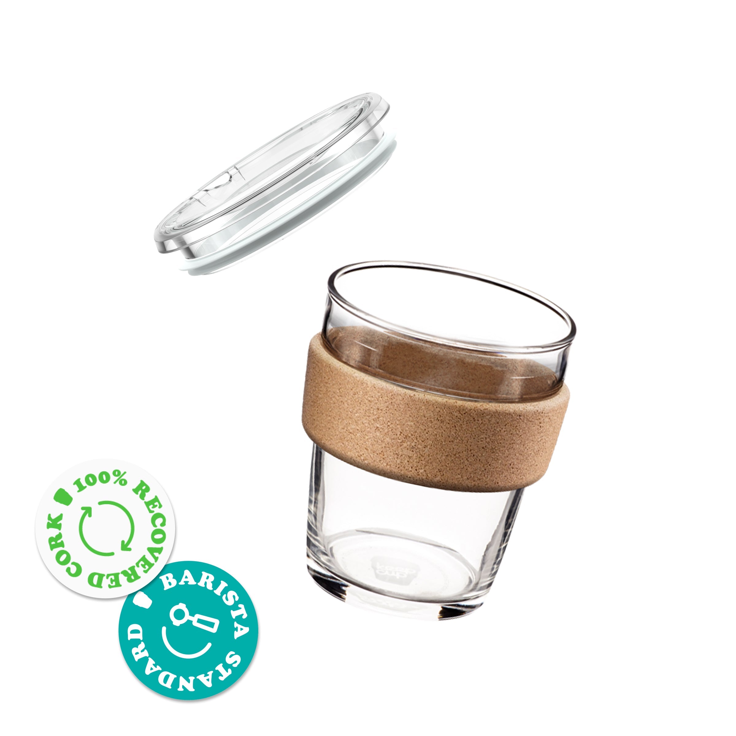 Brew Cork Quicksip M 12oz reusable glass coffee cup shown at an angle with the clear lid floating above, featuring a natural cork band sleeve. Two certification badges indicate 100% recovered cork and barista standard compatibility.