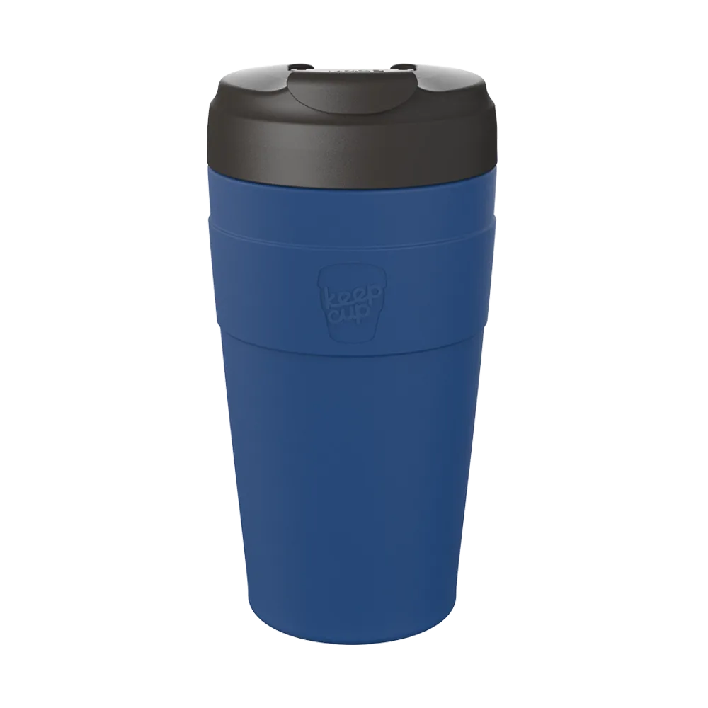 Blue reusable travel coffee cup with black lid and flip-top opening, KeepCup brand logo visible on side