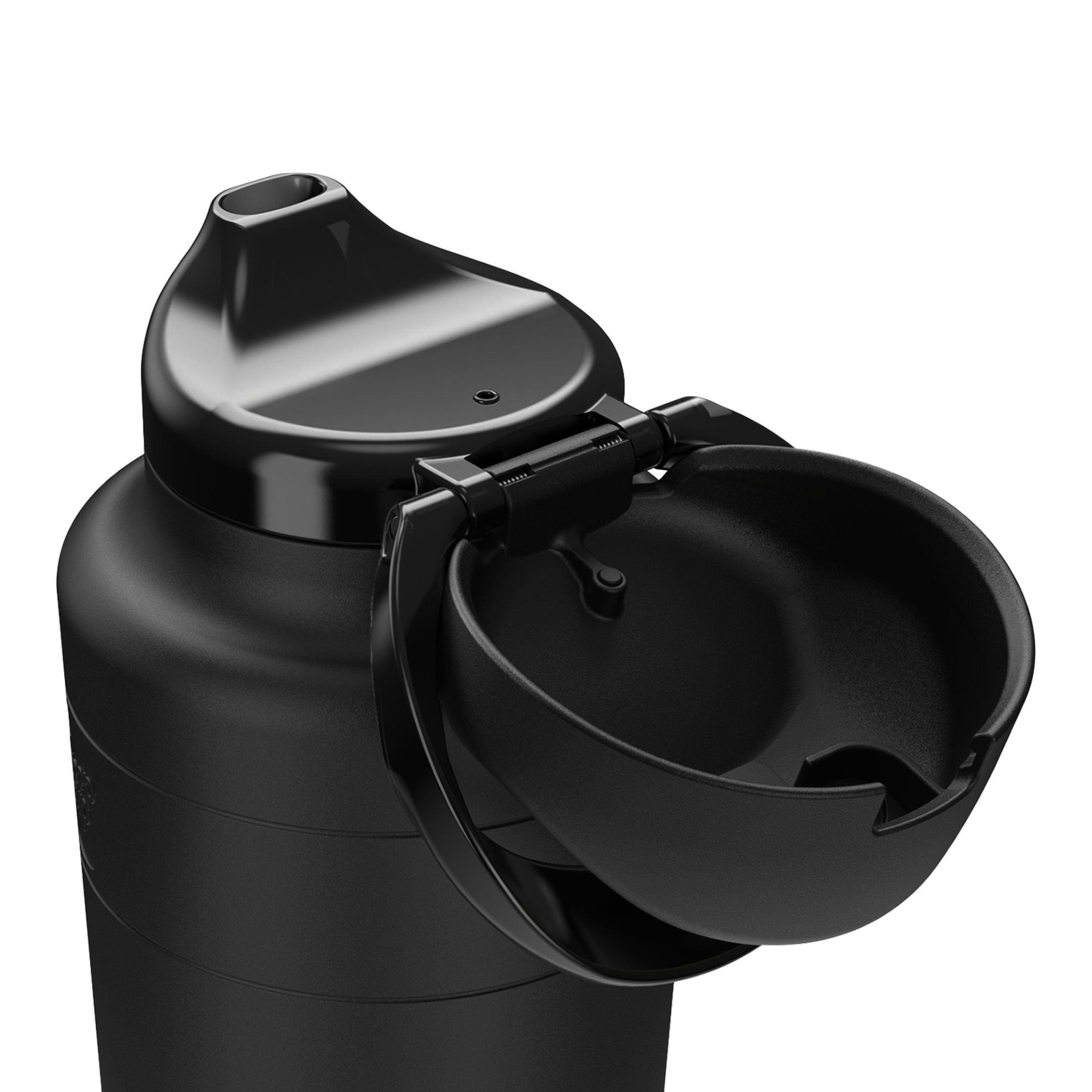 KeepCup Ora Bottle in Black, close-up detail shot showing the flip-top lid mechanism open with the drinking spout exposed and the protective cap hinged to the side.