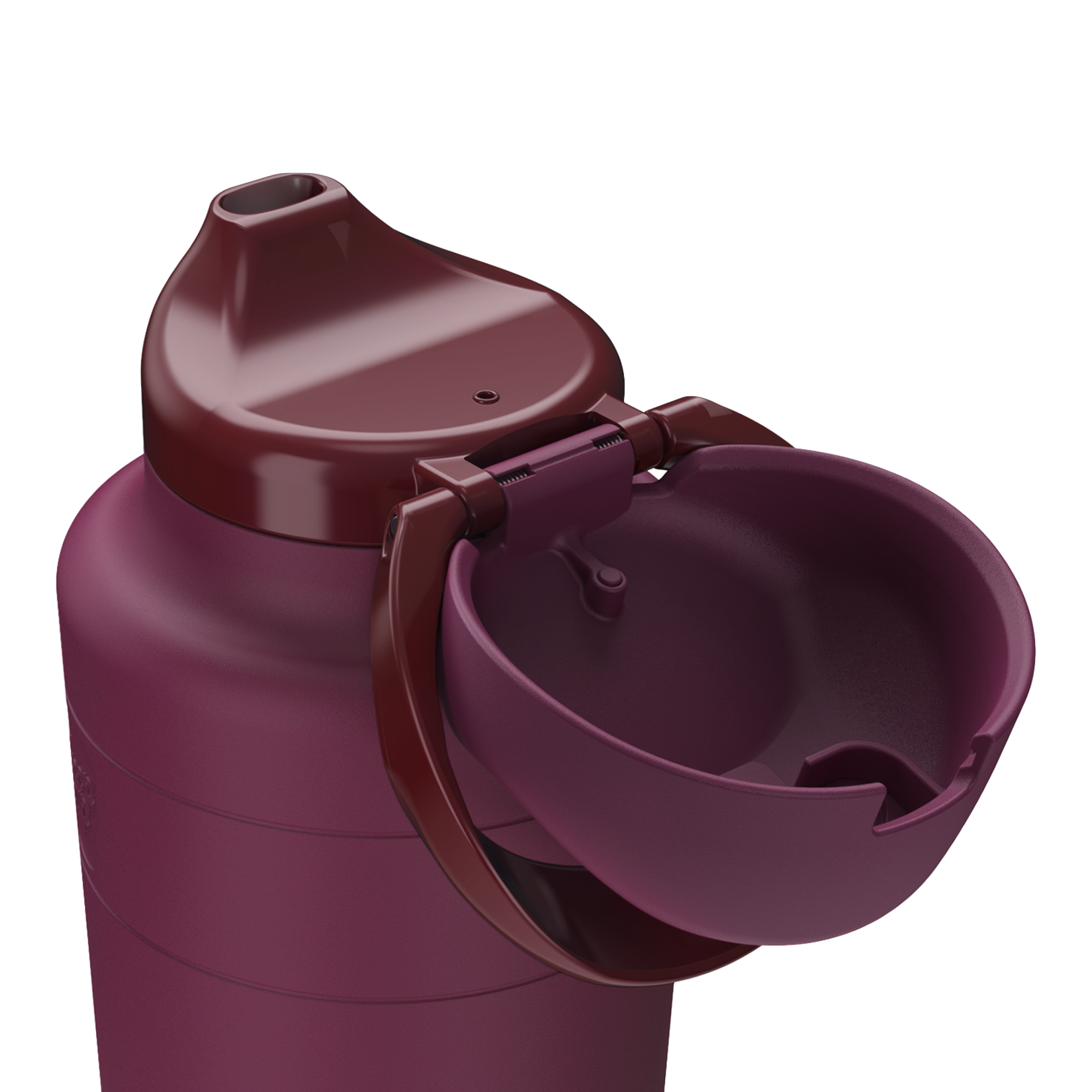 KeepCup Ora Bottle in Mulberry, close-up detail shot showing the flip-top lid mechanism open with the drinking spout exposed and the protective cap hinged to the side.