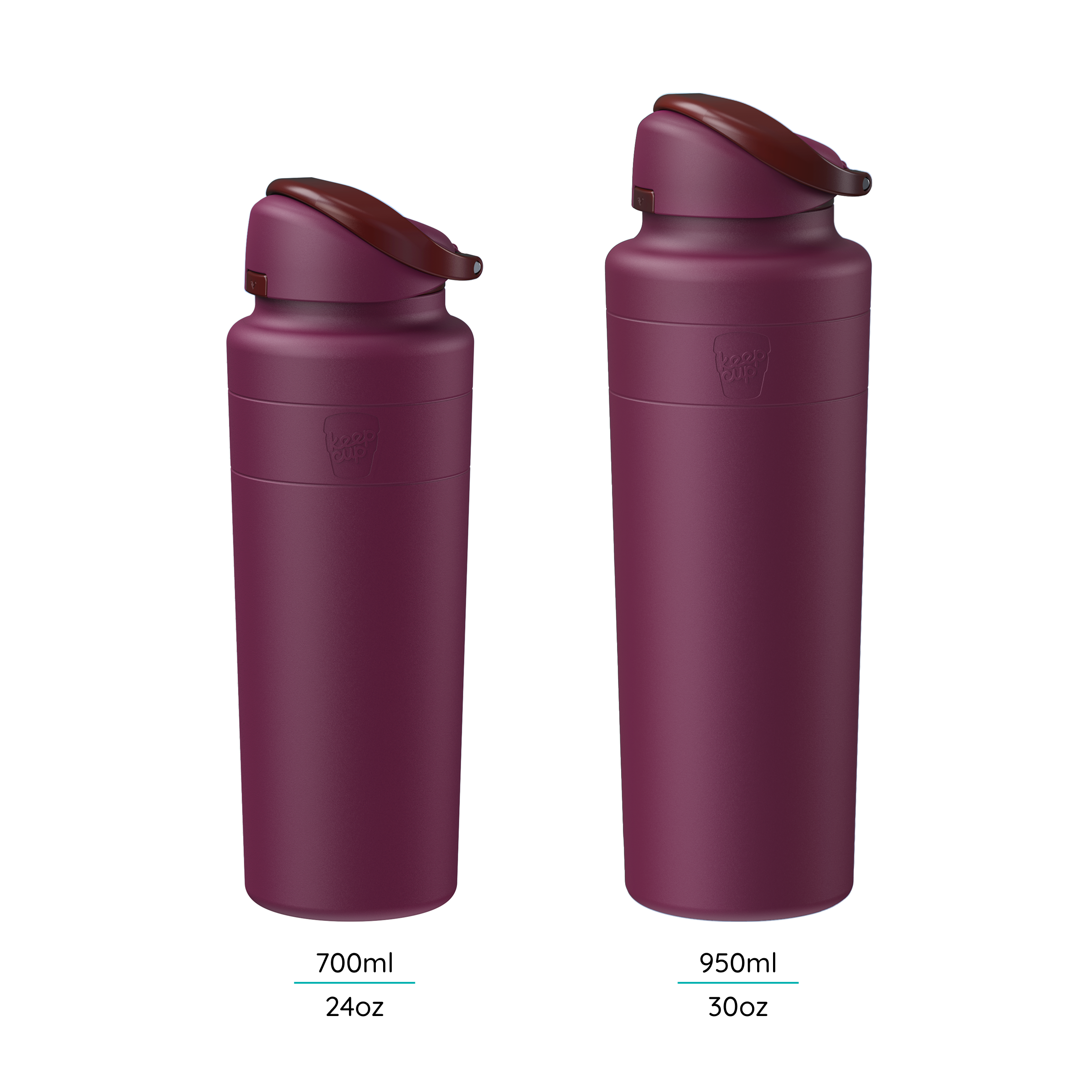 Two KeepCup Ora Bottles in Mulberry shown side by side, displaying the 700ml (24oz) and 950ml (30oz) size options, featuring a deep plum matte finish with matching flip-top lids.