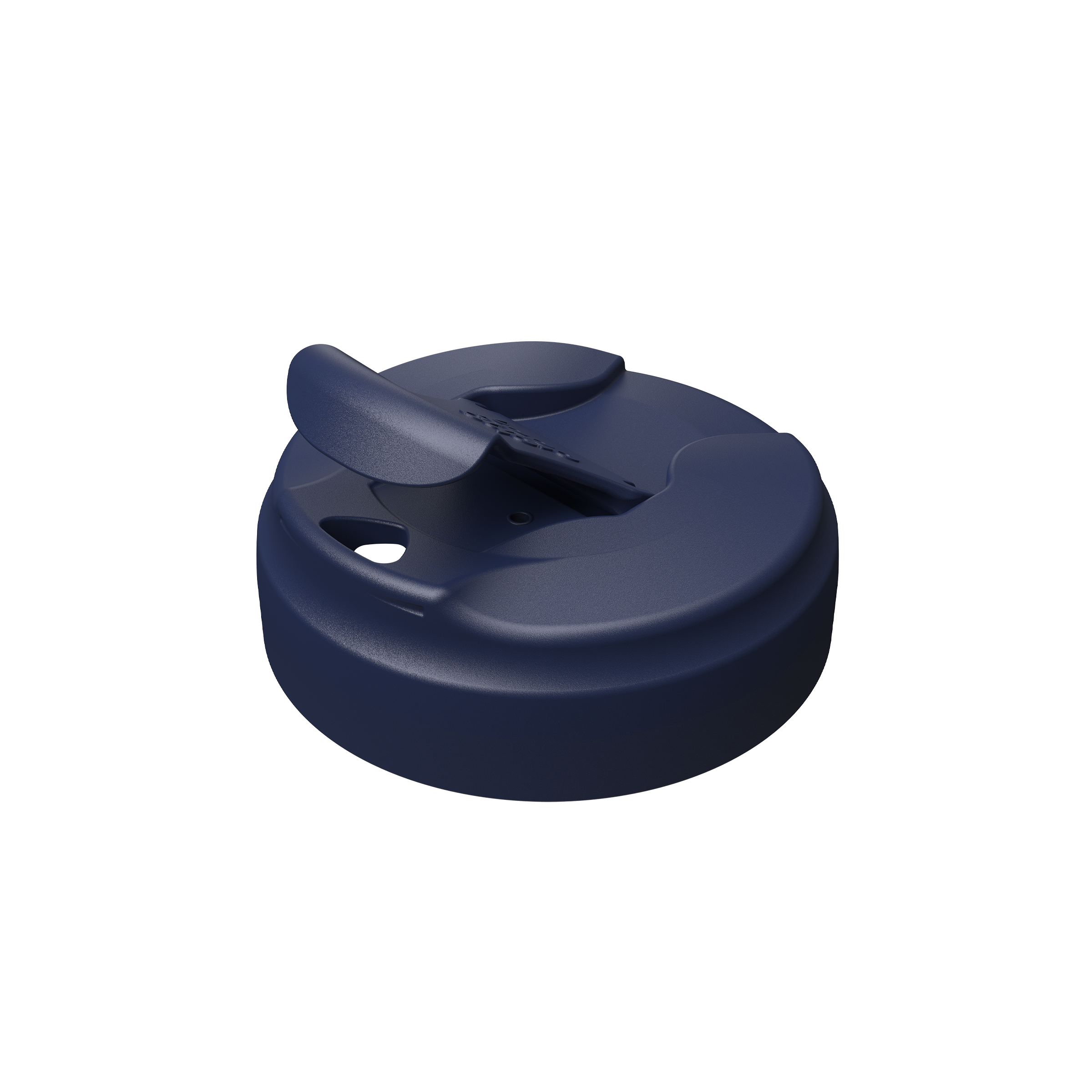 Navy blue KeepCup Commuter Flip Lid shown at a three-quarter angle on a white background, featuring the hinged flip-top closure in the open position and the drinking spout opening visible.