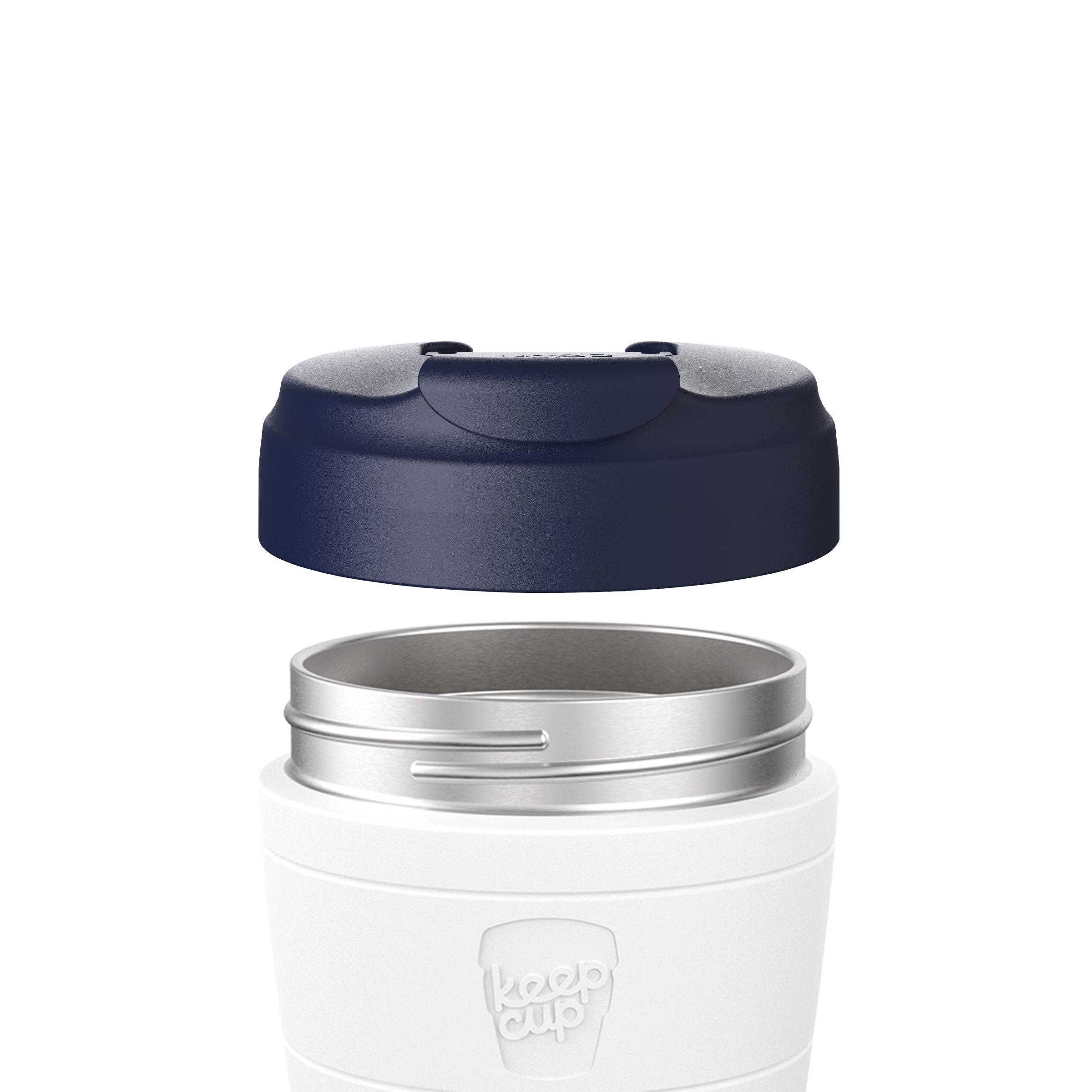 Navy Commuter Flip Lid shown lifted above a white KeepCup with stainless steel rim, demonstrating how the lid attaches to the cup in an exploded product view.