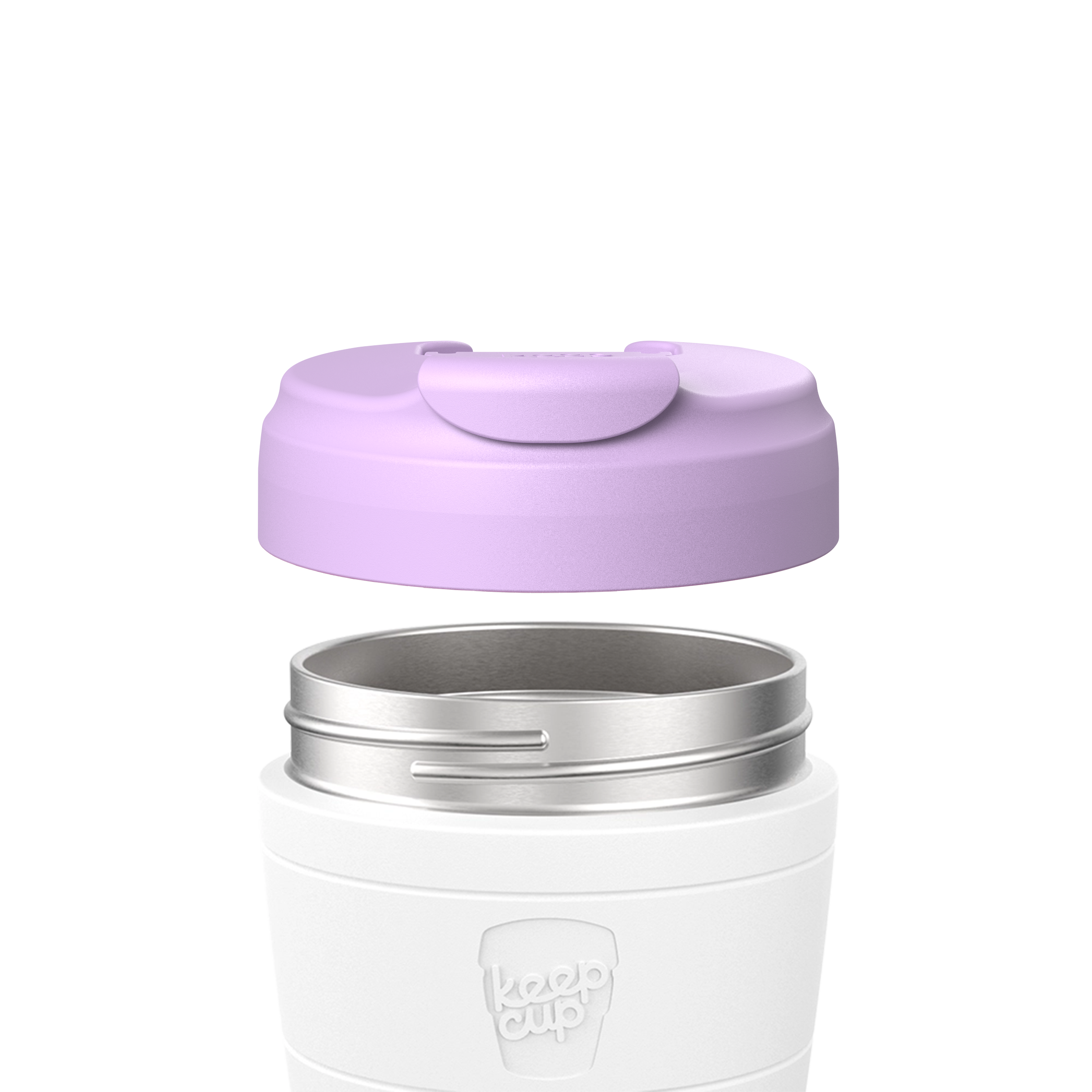KeepCup Commuter Flip Lid in Wisteria shown lifted above a white KeepCup body with stainless steel rim, demonstrating how the lavender-colored lid attaches to the cup.