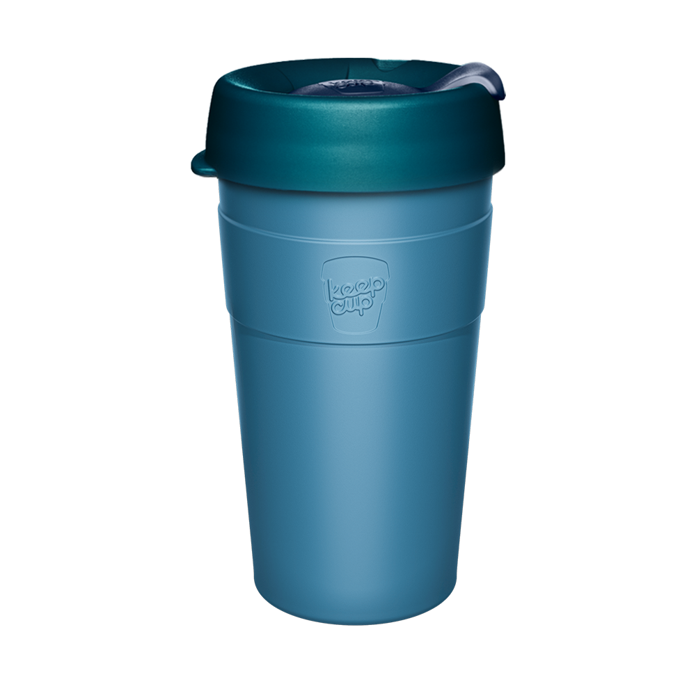 Teal KeepCup reusable coffee cup with matching lid and spout for eco-friendly drinking on the go