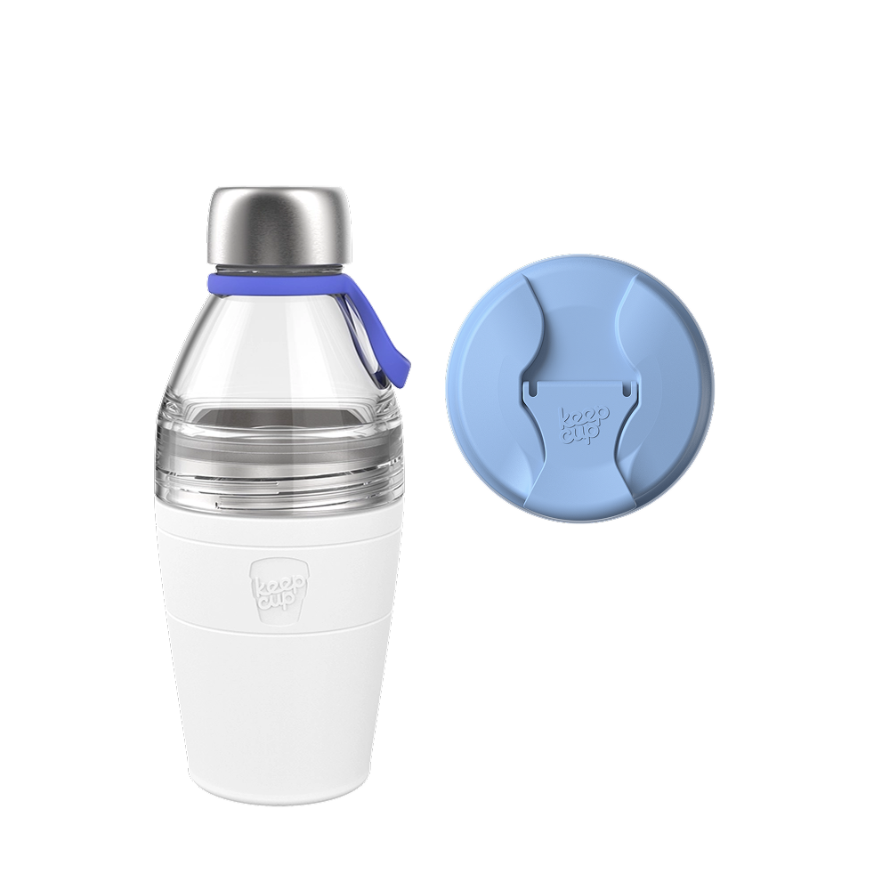 KeepCup Commuter Bundle M 18oz in Orchid featuring a reusable cup with white silicone sleeve, clear glass body, stainless steel cap with blue carry loop, shown alongside a light blue Clear Bottle Lid viewed from above.