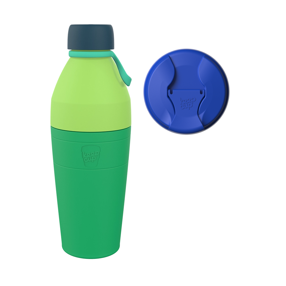 KeepCup Commuter Bundle L 22oz in Electric blue, showing a two-tone green reusable bottle with dark teal cap and turquoise carry loop alongside a blue sipper lid viewed from above.