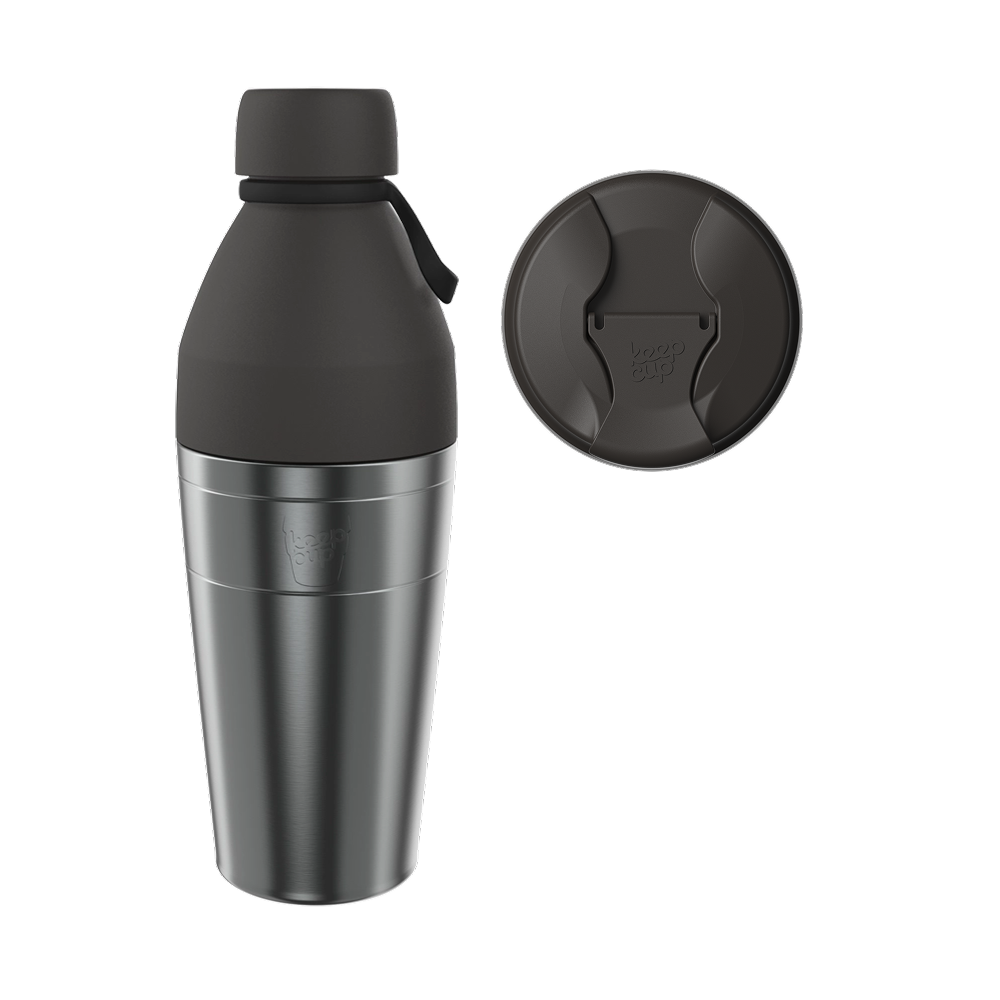 KeepCup Commuter Bundle L 22oz in Nitro Black, showing the stainless steel and matte black insulated bottle with carrying loop alongside a top-down view of the dark gray sipper lid with the KeepCup logo.