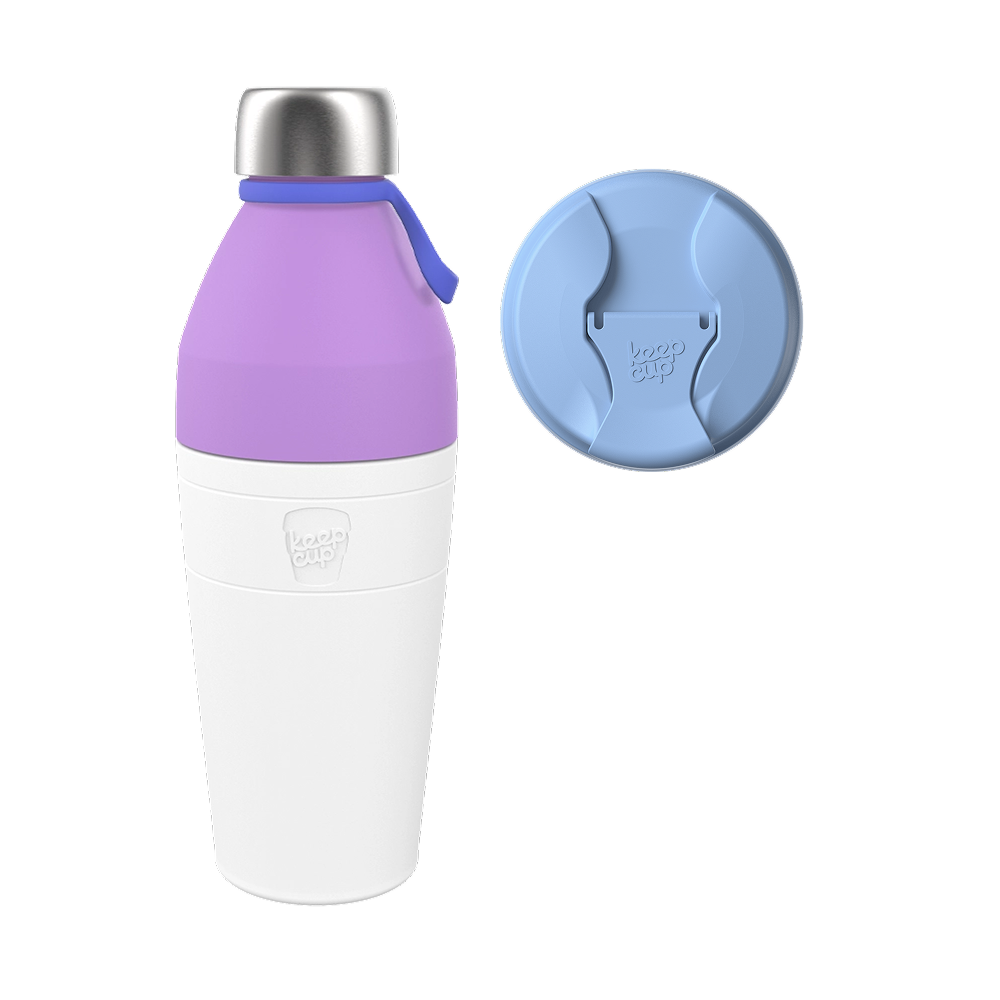 KeepCup Commuter Bundle L 22oz in Orchid, showing a white and purple insulated bottle with stainless steel cap and blue carrying loop, displayed alongside a light blue sipper lid viewed from above.