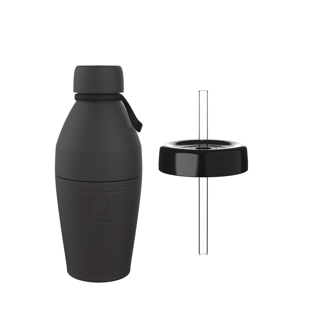 KeepCup Helix Bundle M 18oz in Black, showing the matte black reusable bottle with carrying loop alongside a separate black straw lid with clear plastic straw, displayed against a white background.