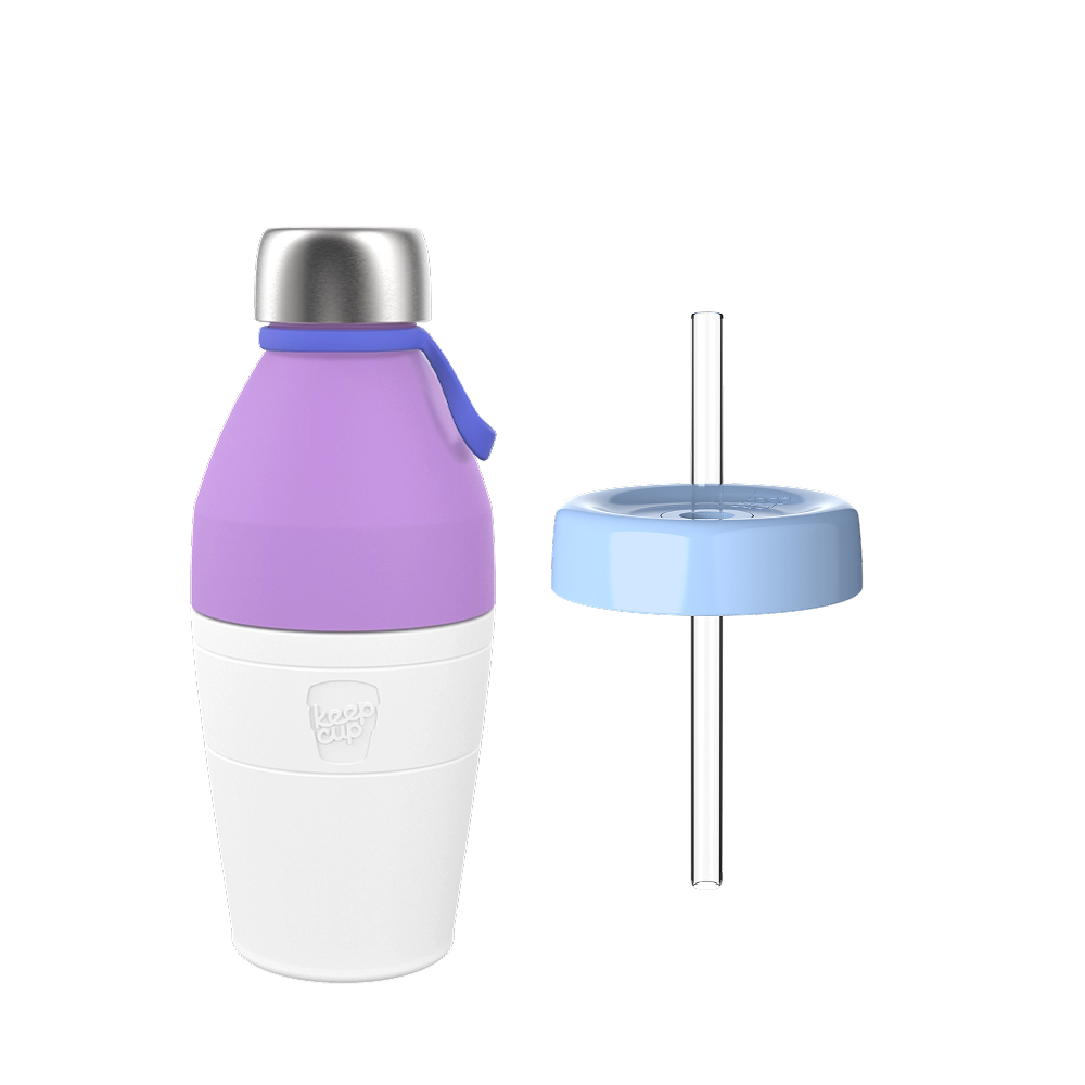 KeepCup Helix Bundle M 18oz in Orchid, showing the assembled bottle with white base, purple silicone top section, blue carry loop, and stainless steel cap alongside a separate light blue straw lid with clear reusable straw.