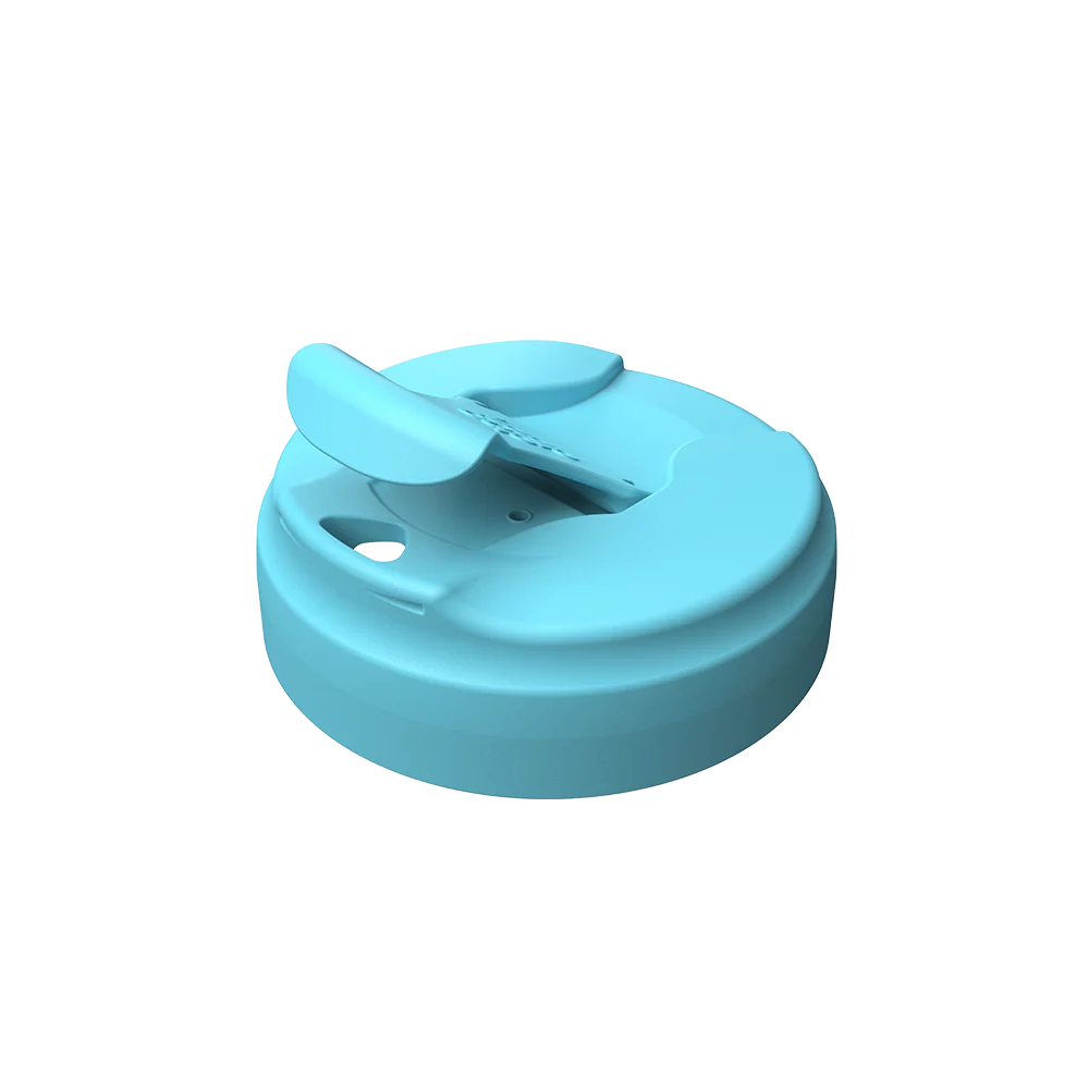 KeepCup Commuter Flip Lid in Cloud, shown at an angle with the flip tab open, revealing the drinking spout and small ventilation hole on the light blue lid.
