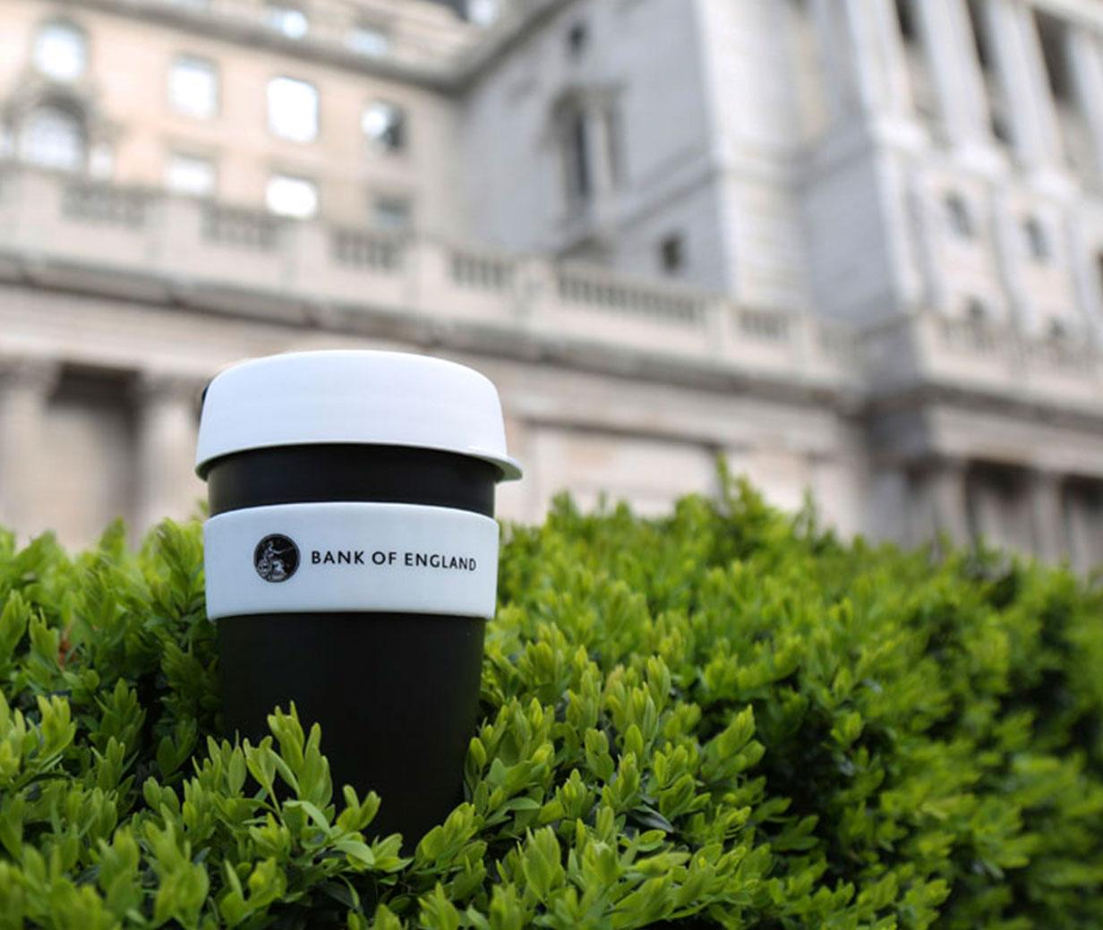 Bank of England branded KeepCup sitting outside the Bank of England