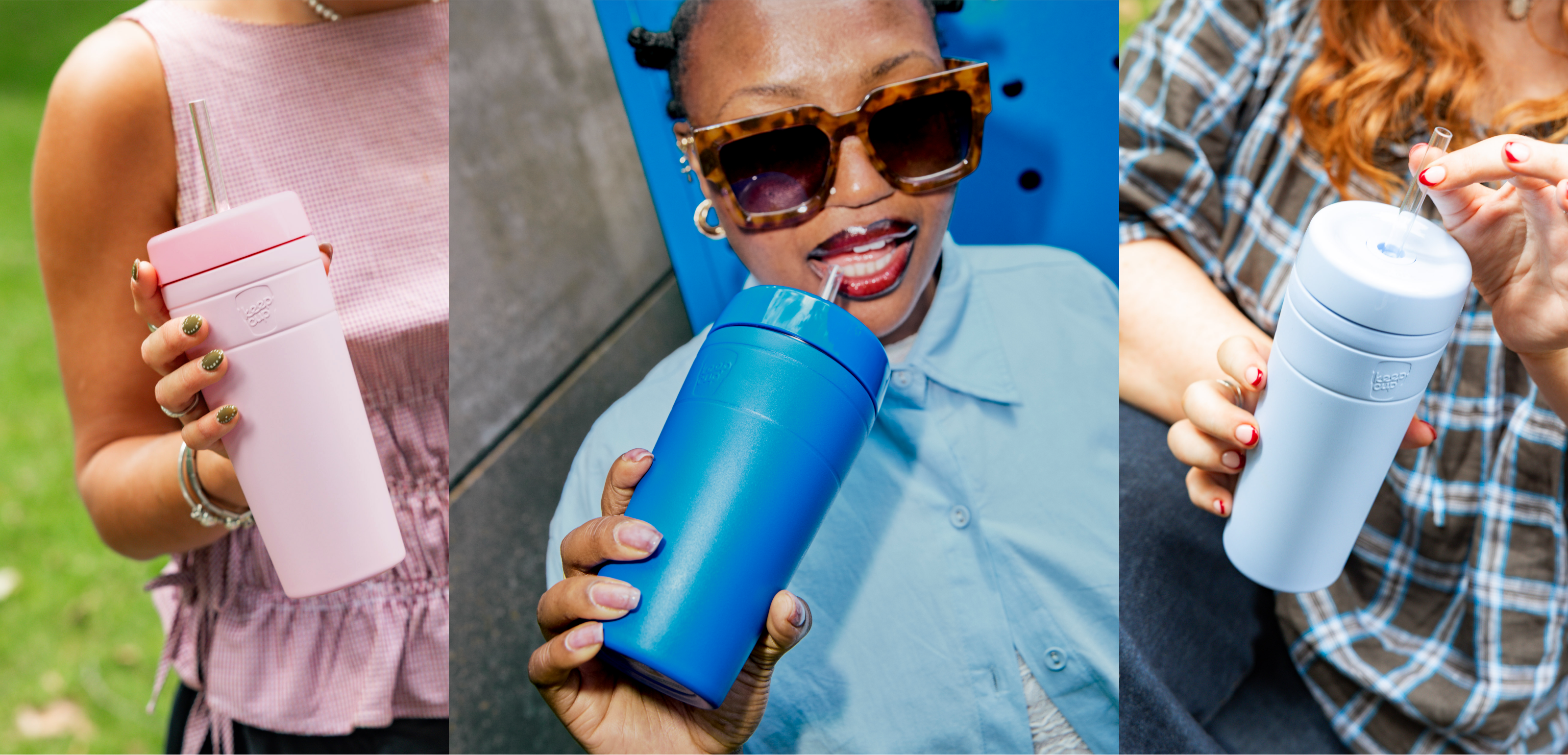 Three-panel collage showing a Commuter Cold Cups insulated ice coffee tumbler in pashmak pink, electric blue, and orchid, each held by a person outdoors. 