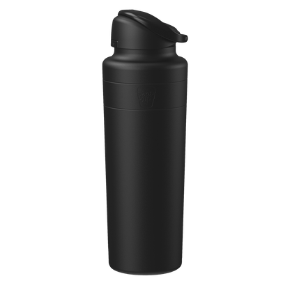KeepCup Ora Bottle 32oz in Black, shown at a three-quarter angle against a white background, featuring a matte black insulated stainless steel body with flip-top lid and embossed logo.
