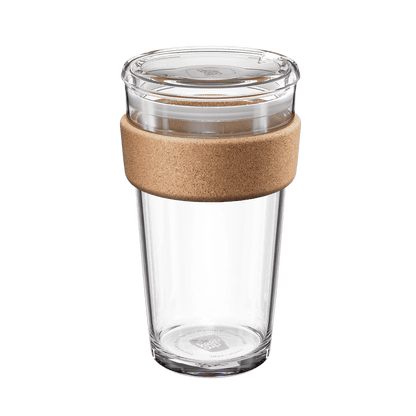 KeepCup Brew Cork Quicksip L 16oz reusable glass coffee cup with natural cork band and clear lid, shown from a front angle against a white background.