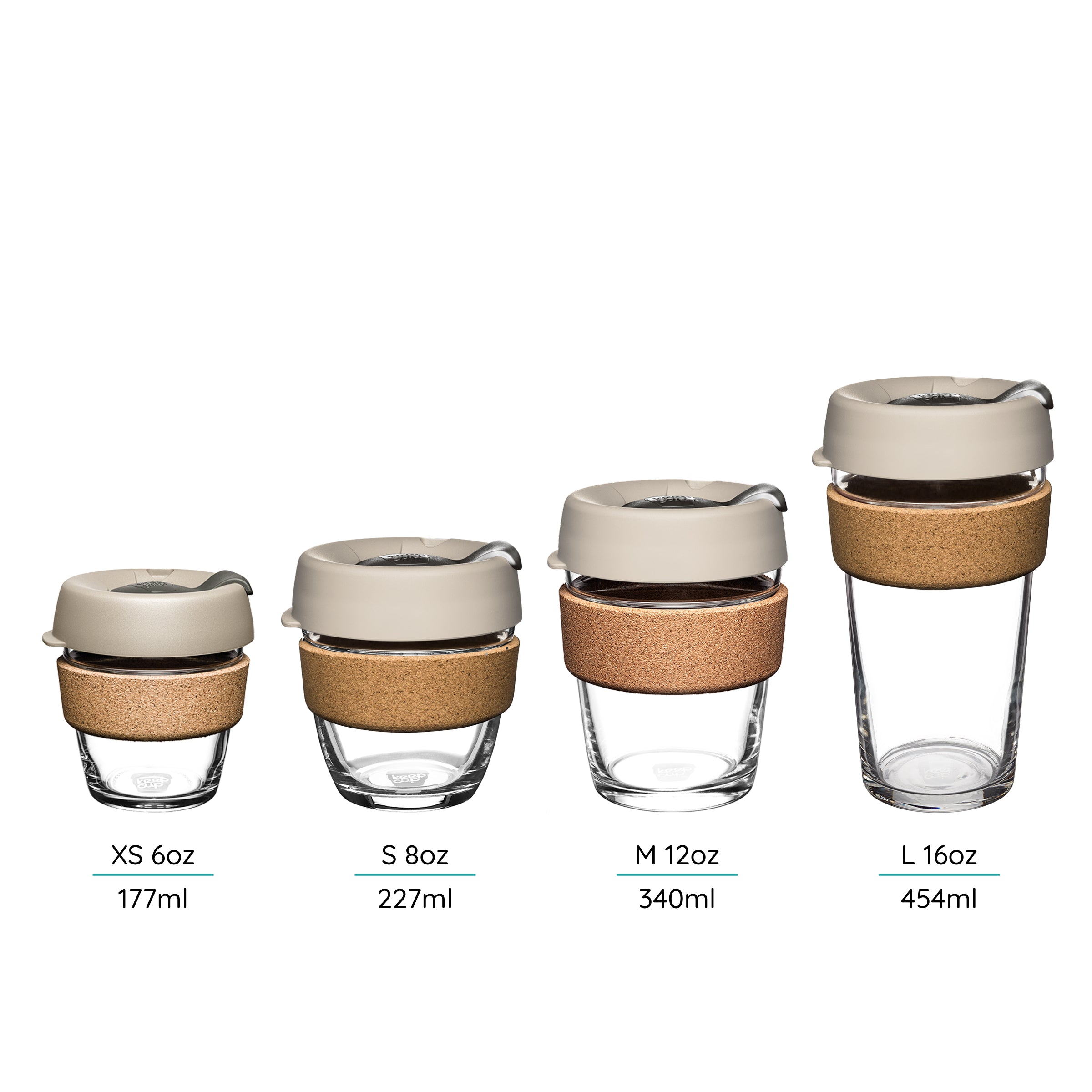 Set of four reusable glass cups with cork bands in different sizes on a white background