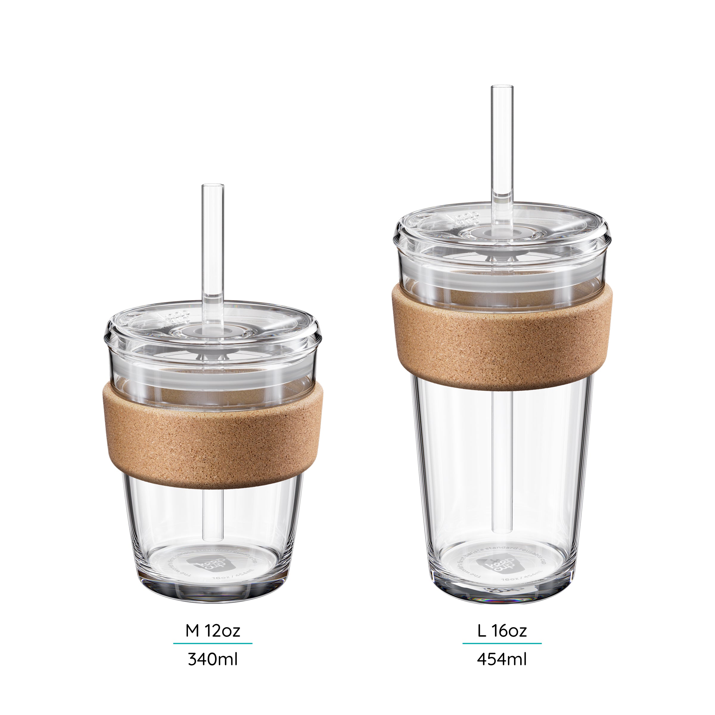 Two Cold Cup's with cork bands and straws, labeled M 12oz and L 16oz.