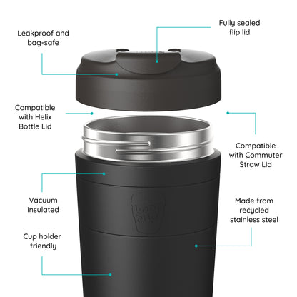 Commuter Cup with its features highlighted on a white background