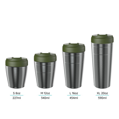 Set of four Commuter Cups labeled with its sizes S 8oz, M 12oz, L 16oz and XL 20oz