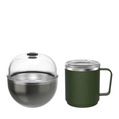 KeepCup Go Far set in Nitro Pine color, featuring a spherical stainless steel brew vessel with clear domed lid alongside a dark green insulated travel mug with handle and clear sipper lid, shown against a white background.