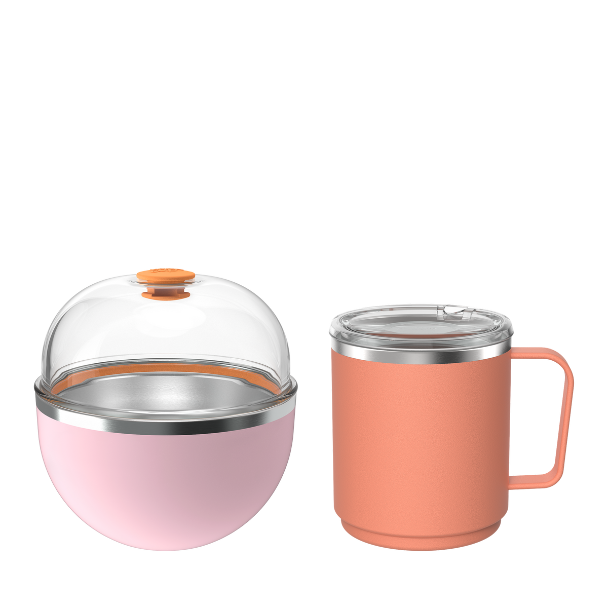 KeepCup Go Far set in Pashmak Clay, featuring a pink spherical food container with clear domed lid and orange vent button alongside a coral insulated mug with handle and clear sipper lid, shown on a white background.