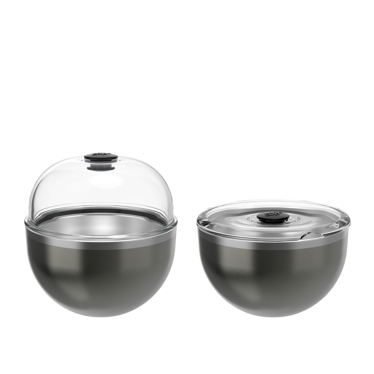KeepCup Go High Go Low in Nitro, shown in two configurations: left displays the cup with a domed clear lid for high-volume drinks, right shows the same metallic grey cup with a flat clear lid for compact carrying.