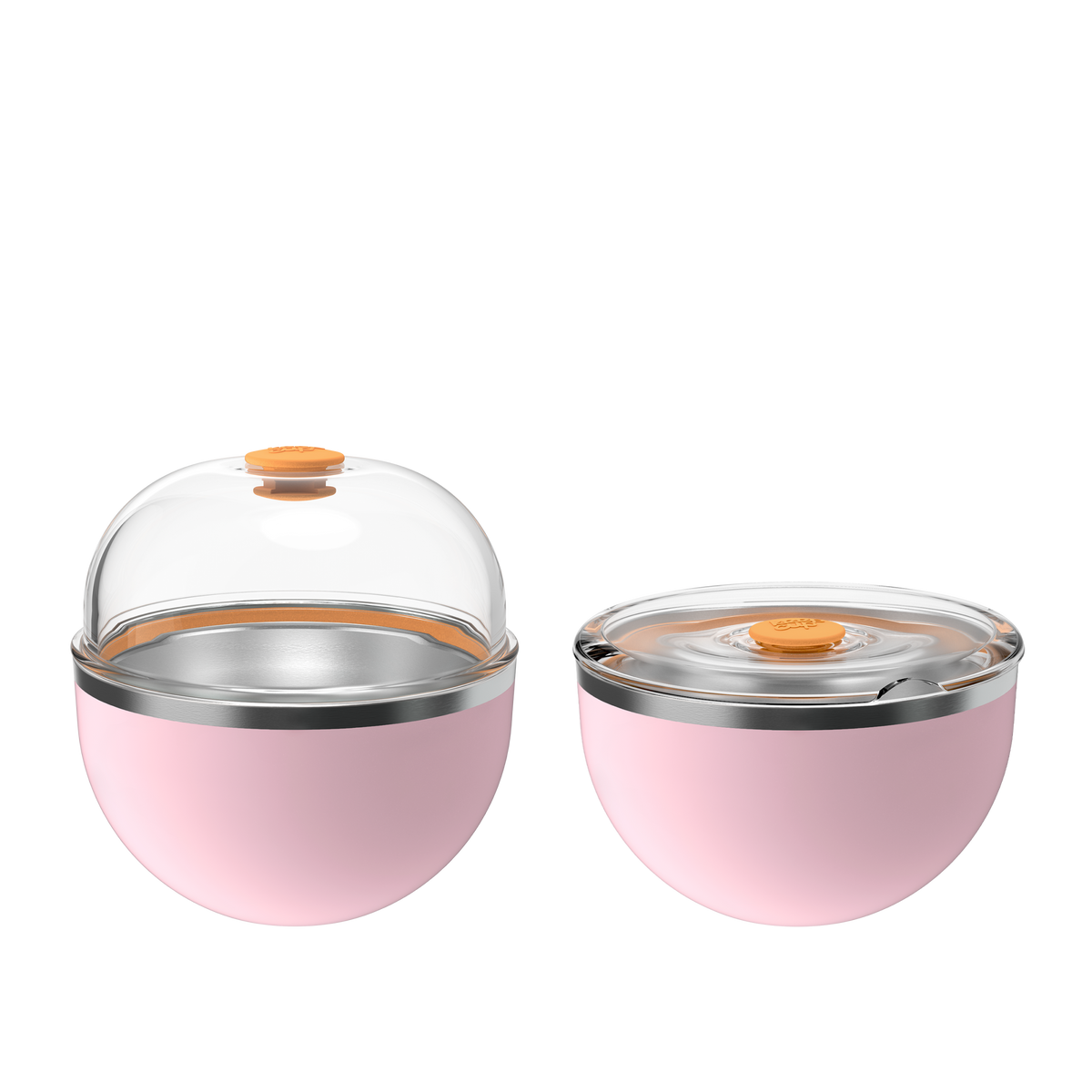 KeepCup Go High Go Low in Pashmak Pink shown with two lid configurations: the left cup features a raised dome lid with orange press-fit closure, while the right displays a flat lid option, both with pink insulated bases and stainless steel trim.