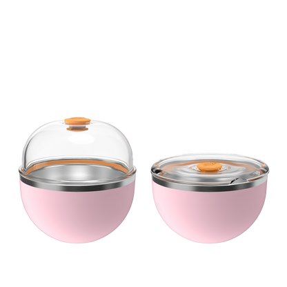 KeepCup Go High Go Low in Pashmak Pink shown with two lid configurations: the left cup features a raised dome lid with orange press-fit closure, while the right displays a flat lid option, both with pink insulated bases and stainless steel trim.