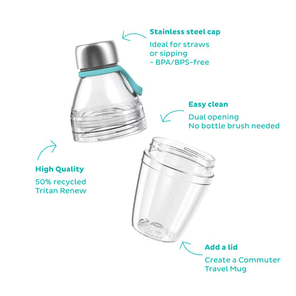 Clear KeepCup water bottle with stainless steel cap on a white background, featuring text about its features.