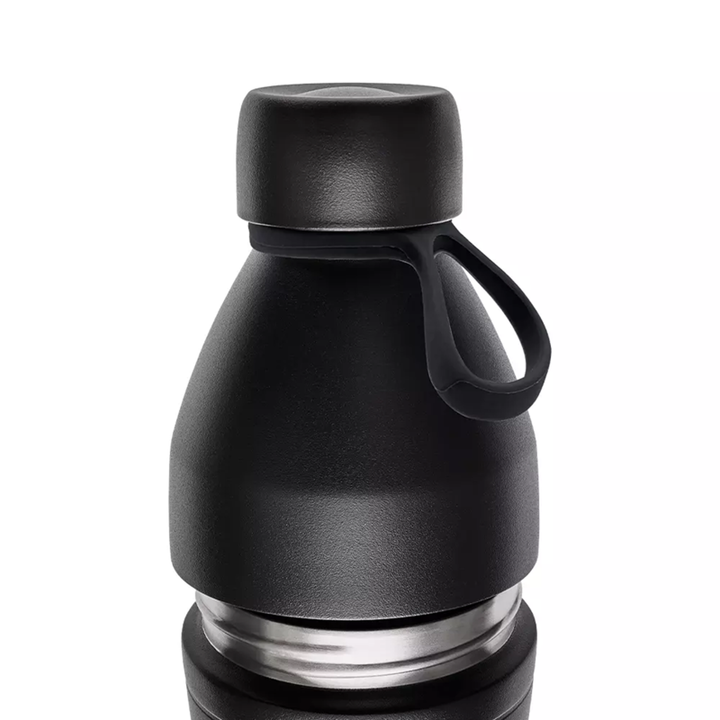 Close up of a Black KeepCup insulated bottle with a carry handle on a white background
